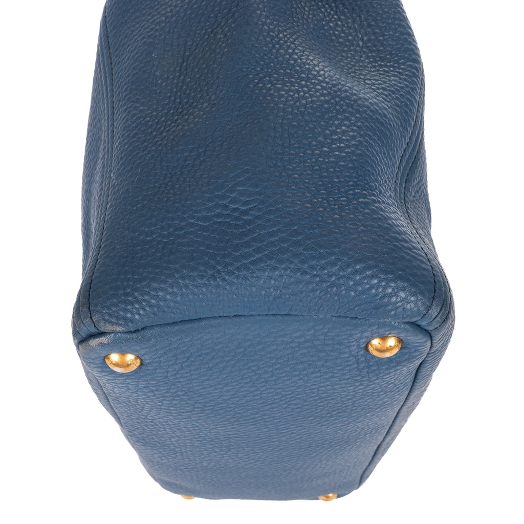 Shoulder Bag Convertible Square Open Tote Blue Vitello Daino Leather