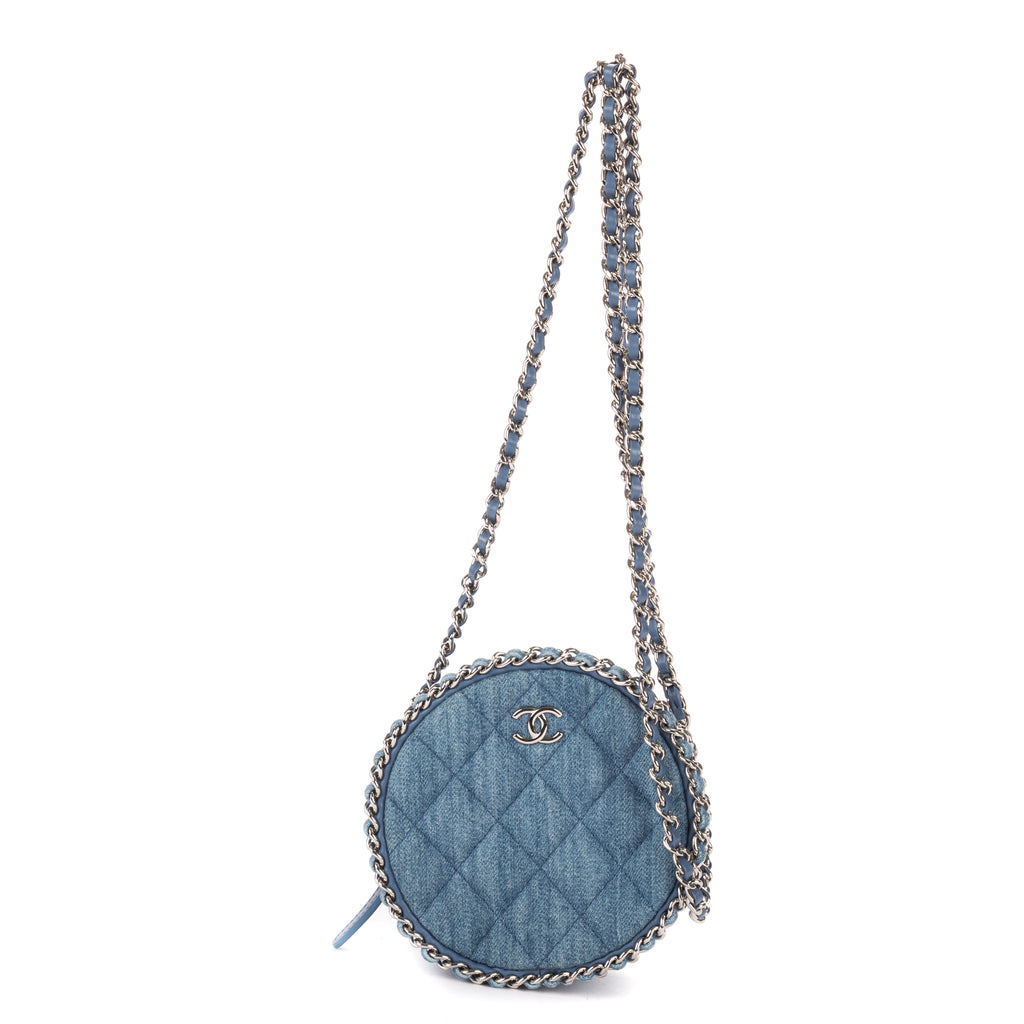 Shoulder Bag Mini Round Clutch Bag Mini Denim Blue Quilted Denim Canvas