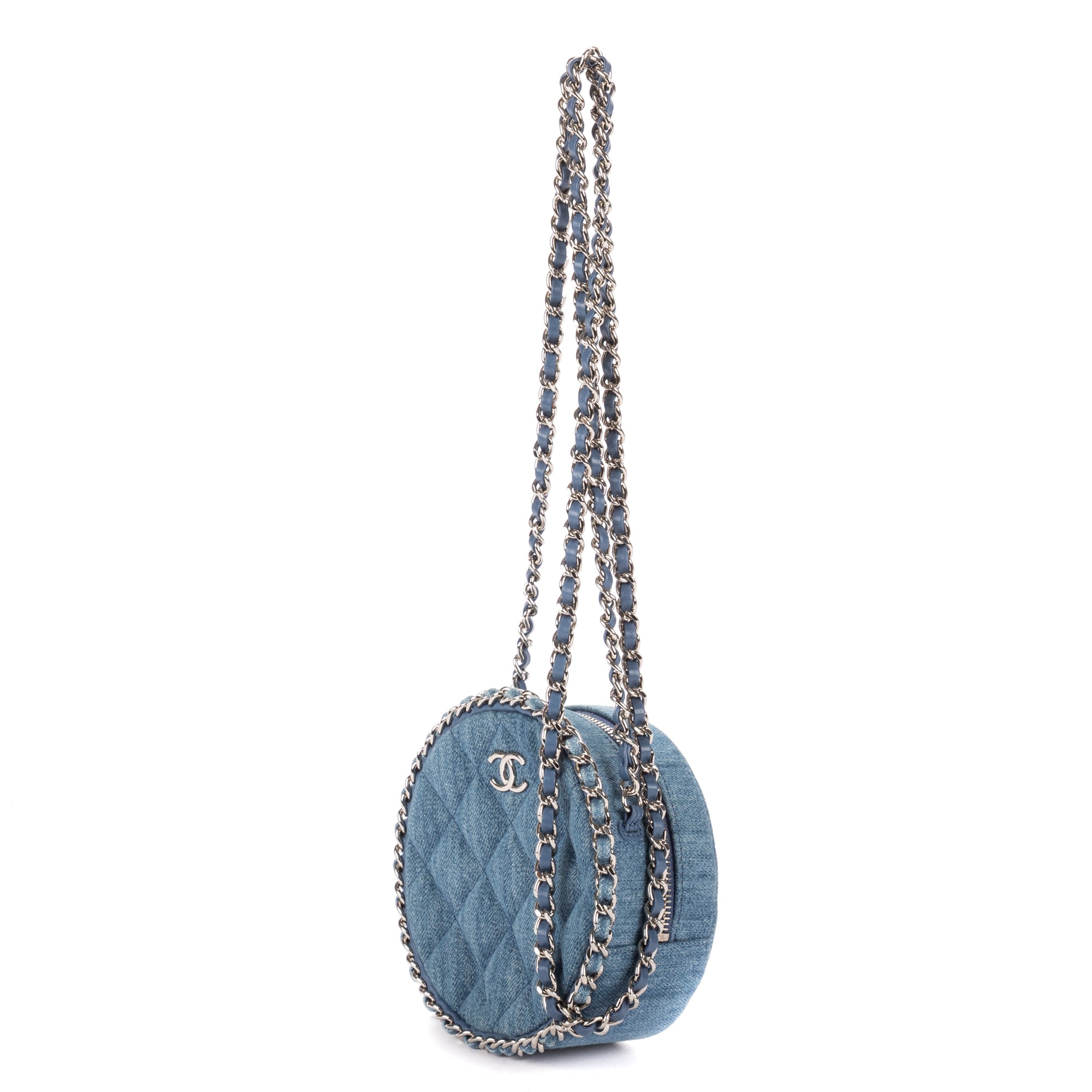 Shoulder Bag Mini Round Clutch Bag Mini Denim Blue Quilted Denim Canvas