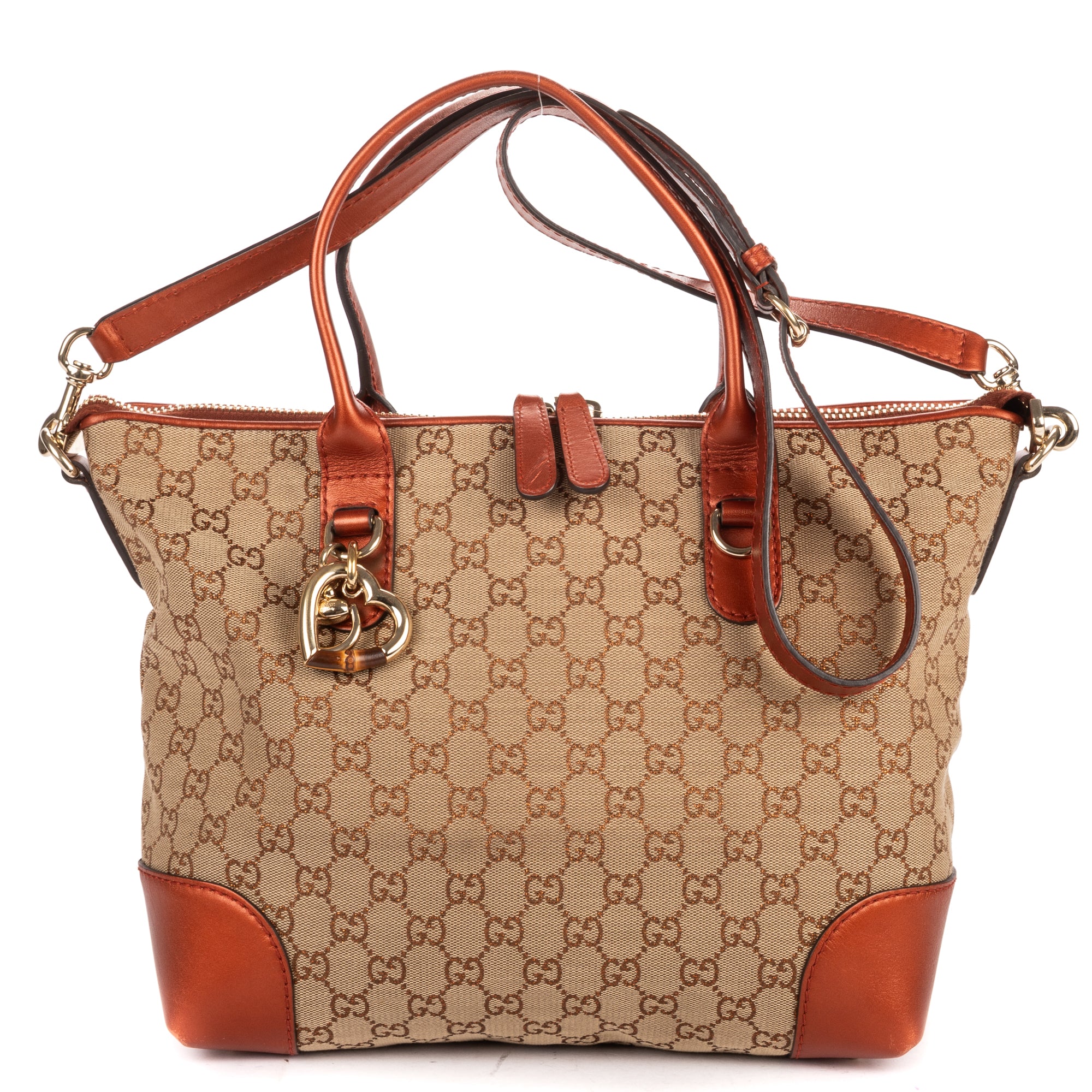 Shoulder Bag Heart Bit Zip Tote Brown Glitter Monogrammed Canvas