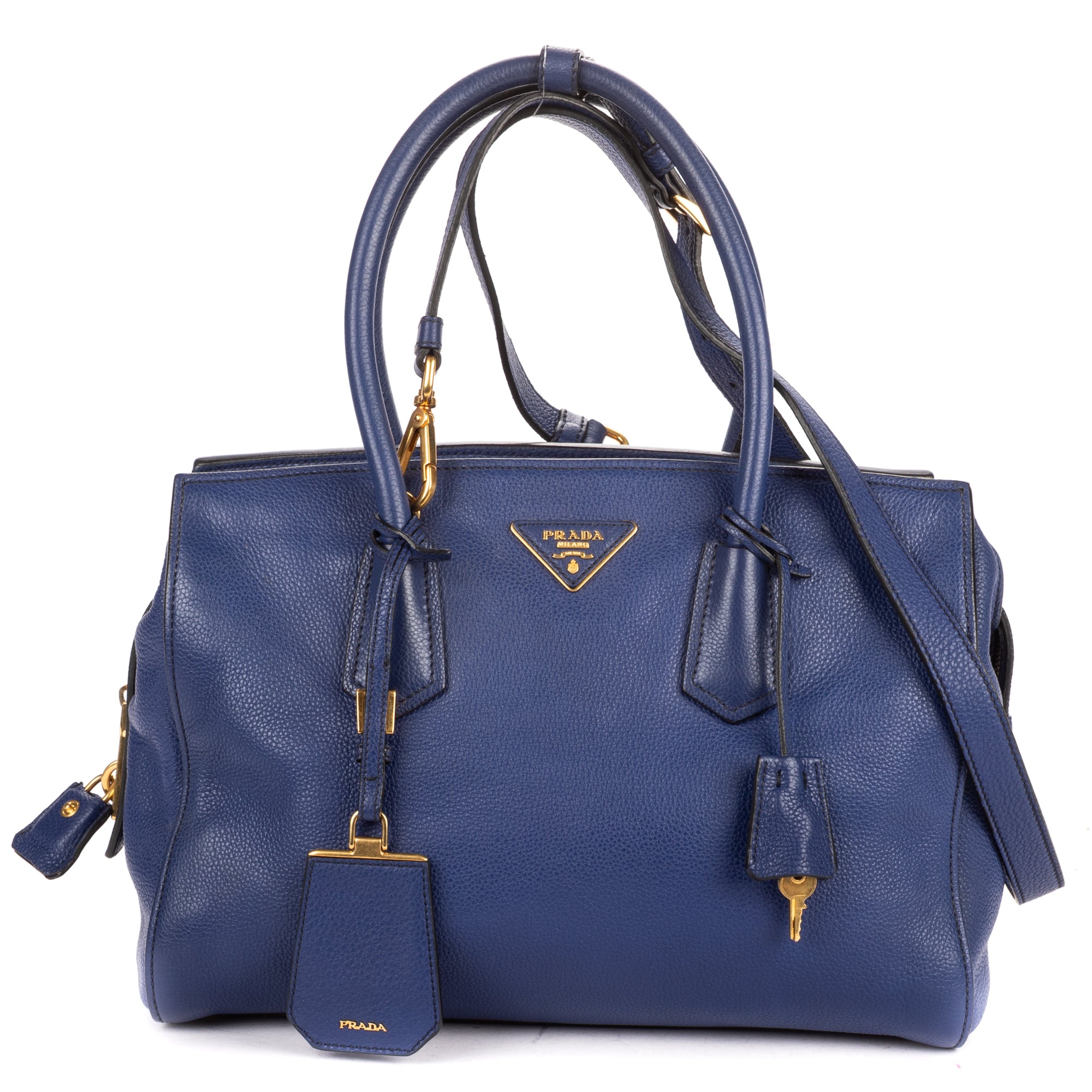 Shoulder Bag Double Handle Tote Navy Vitello Daino Leather