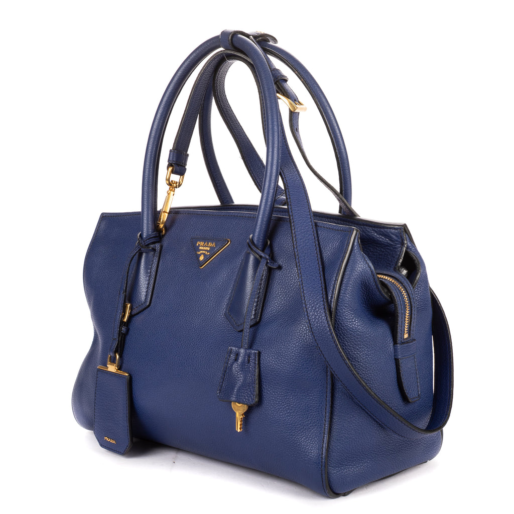 Shoulder Bag Double Handle Tote Navy Vitello Daino Leather