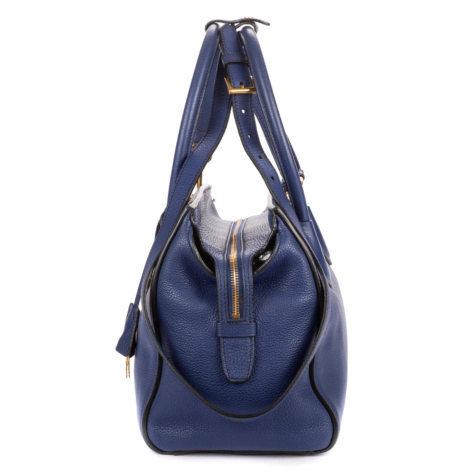 Shoulder Bag Double Handle Tote Navy Vitello Daino Leather