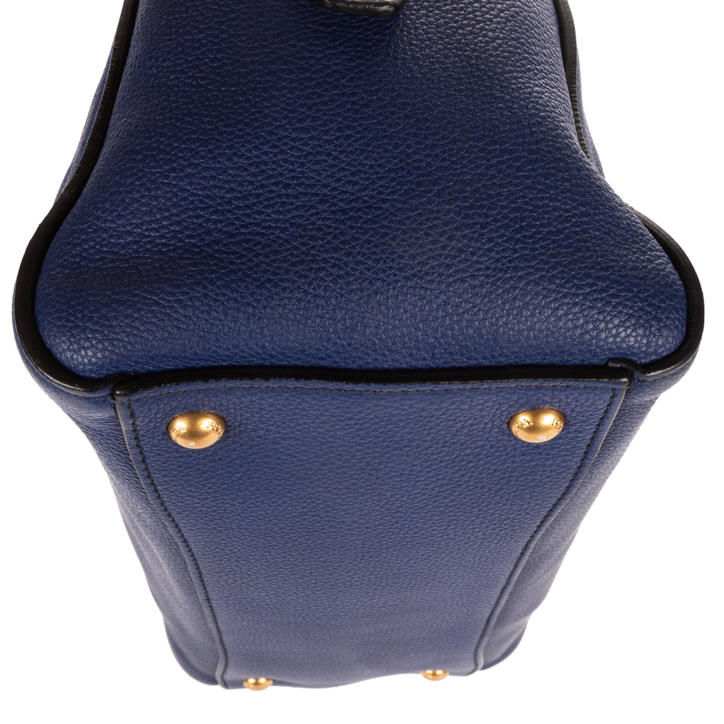 Shoulder Bag Double Handle Tote Navy Vitello Daino Leather