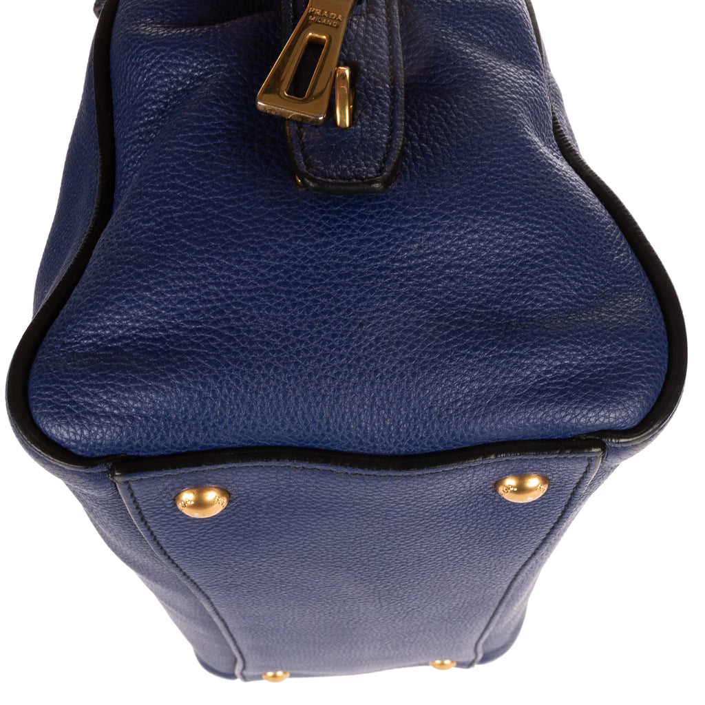 Shoulder Bag Double Handle Tote Navy Vitello Daino Leather