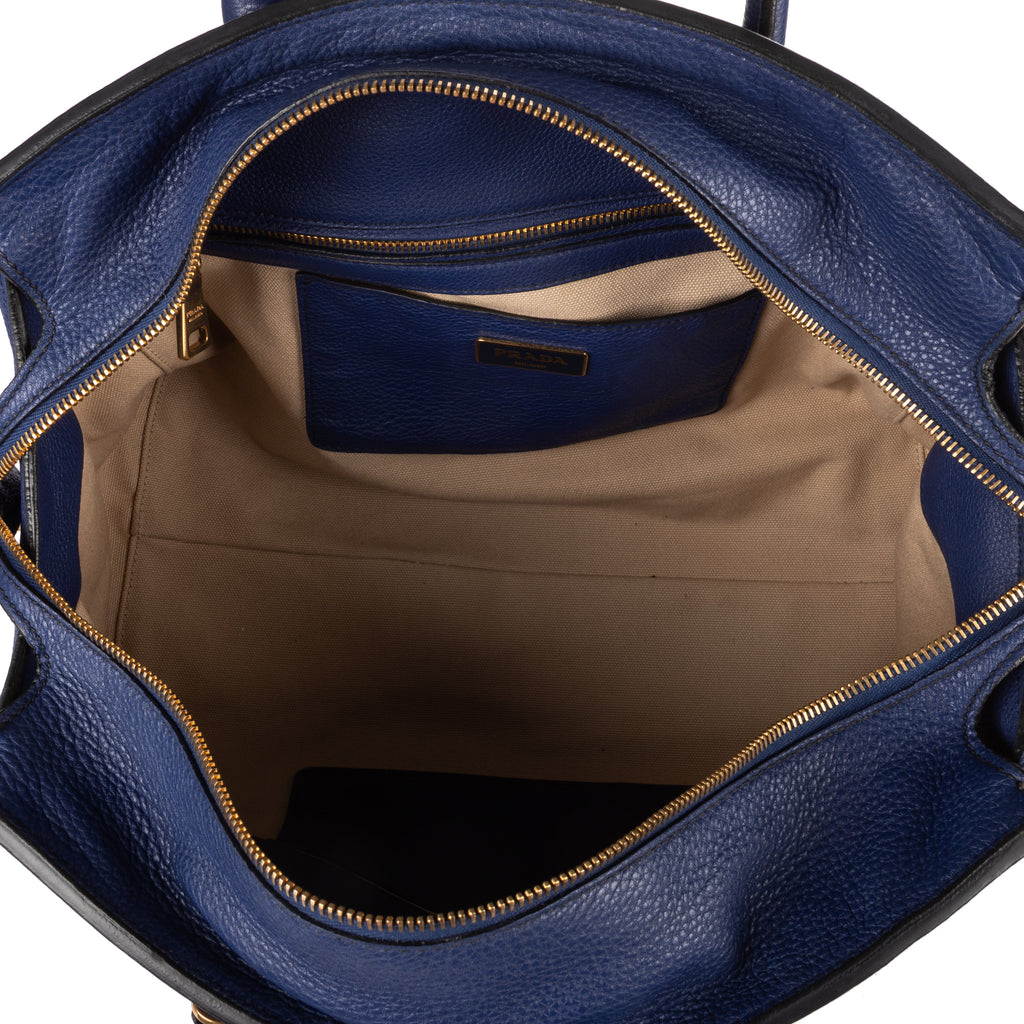 Shoulder Bag Double Handle Tote Navy Vitello Daino Leather