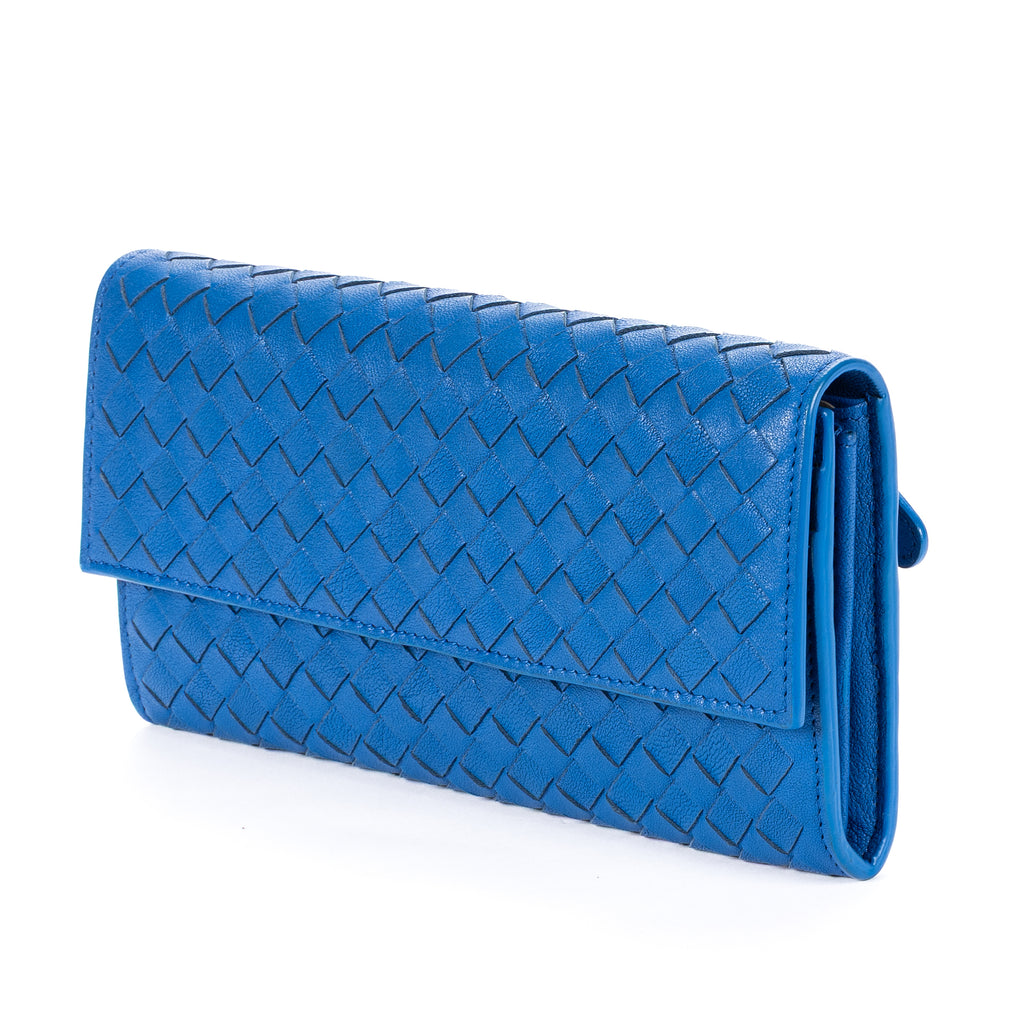 Wallet Flap Continental Blue Intrecciato Calfskin Leather