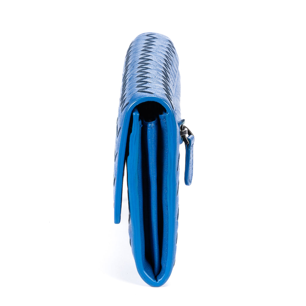 Wallet Flap Continental Blue Intrecciato Calfskin Leather