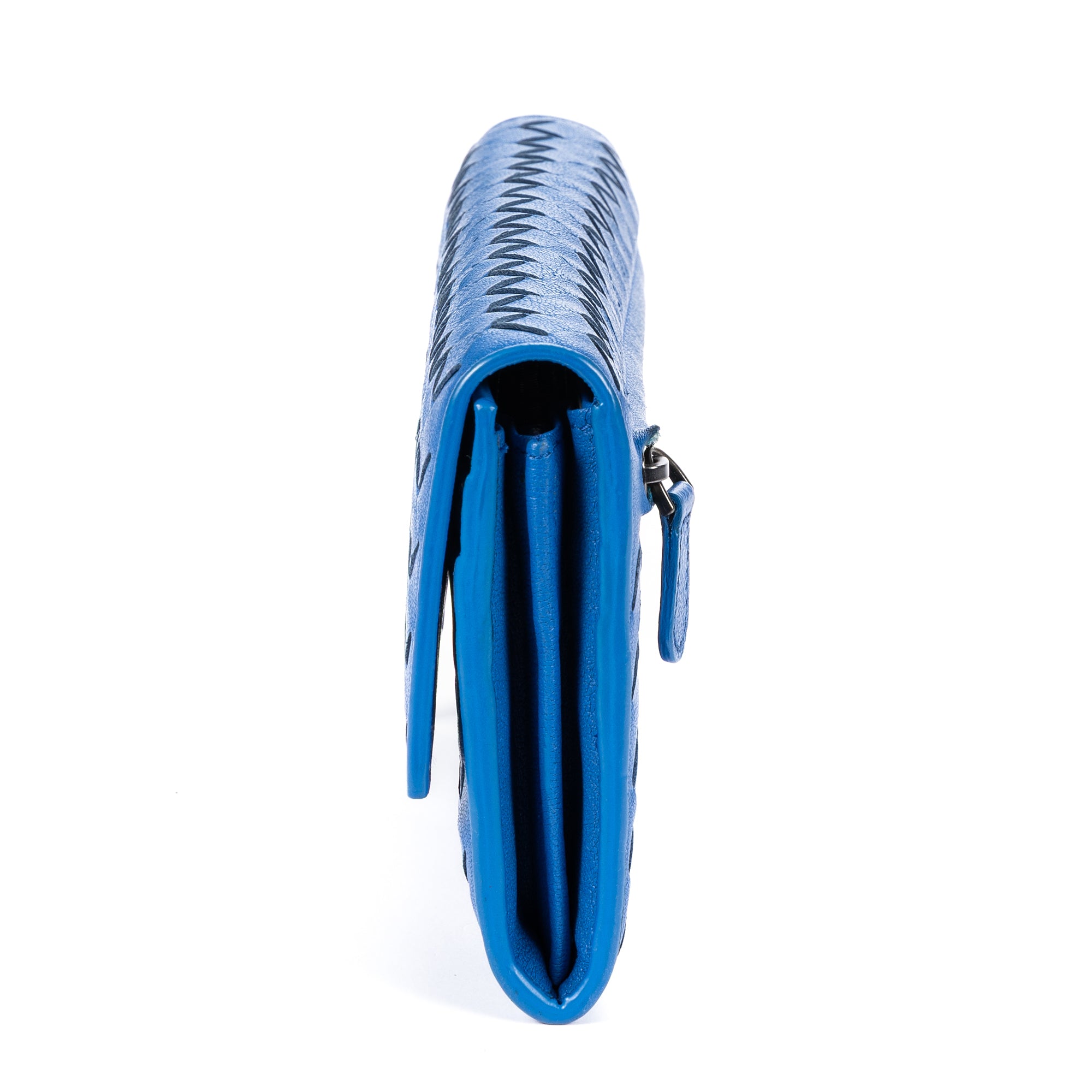 Wallet Flap Continental Blue Intrecciato Calfskin Leather