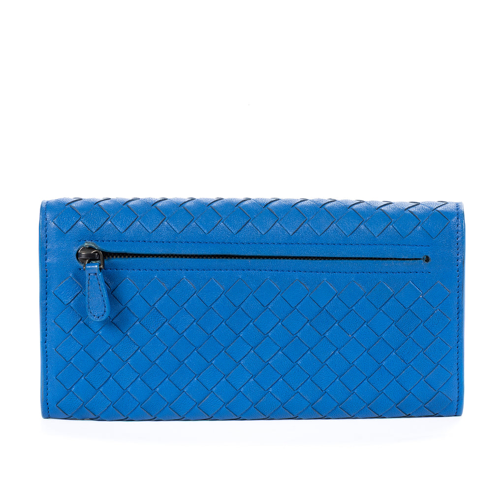 Wallet Flap Continental Blue Intrecciato Calfskin Leather