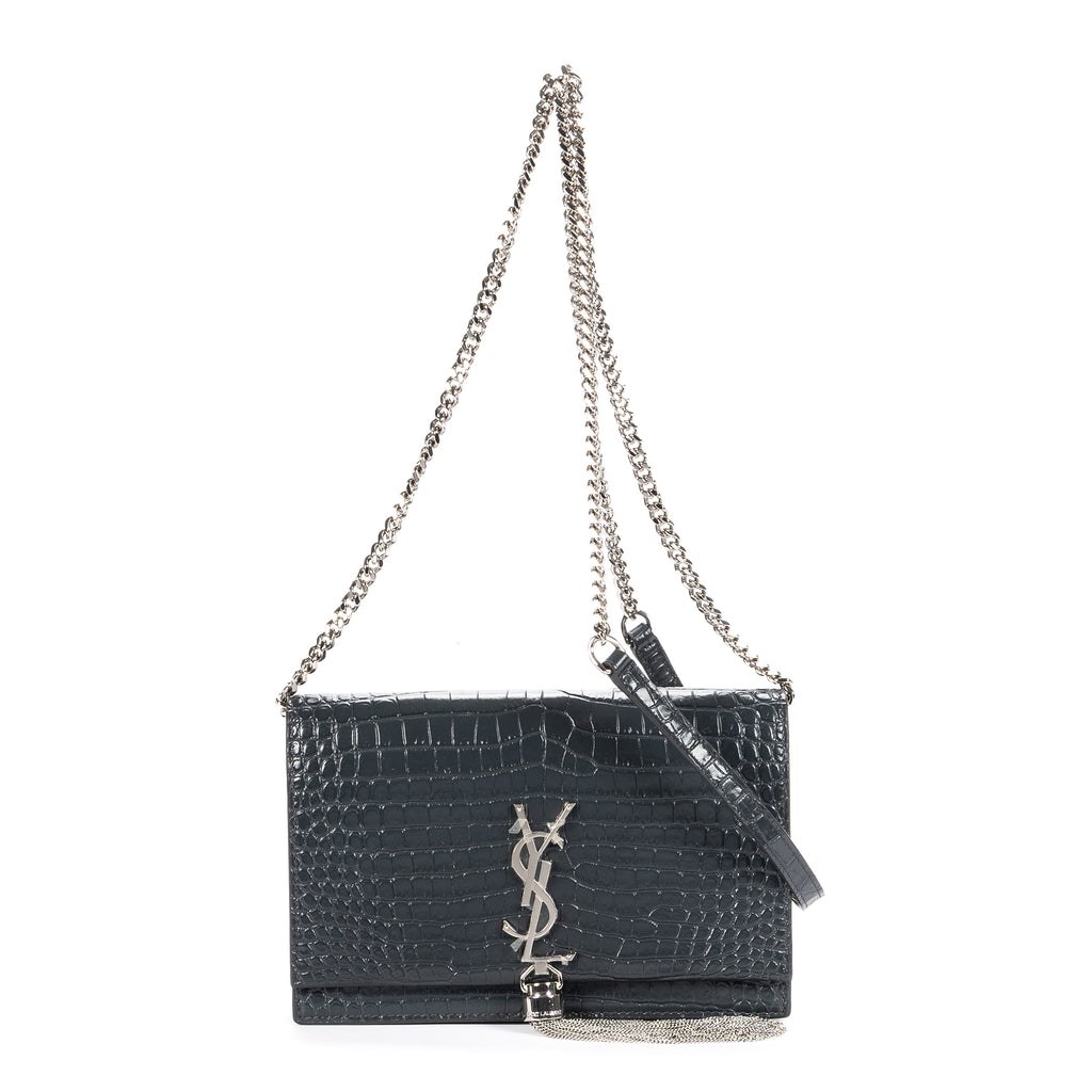 Shoulder Bag Kate Tassel Chain Wallet Dark Grey Croc Embossed Leather