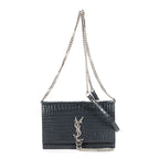 Shoulder Bag Kate Tassel Chain Wallet Dark Grey Croc Embossed Leather