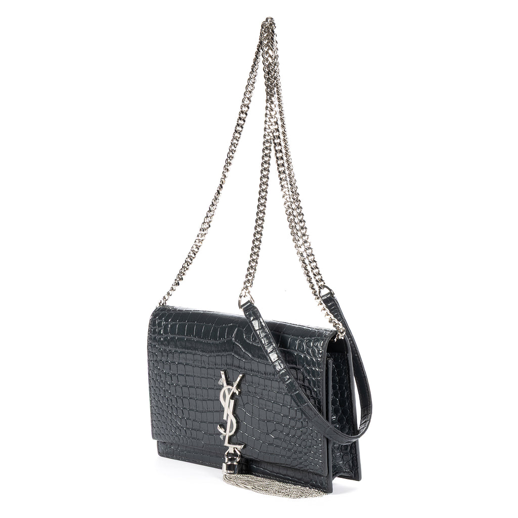 Shoulder Bag Kate Tassel Chain Wallet Dark Grey Croc Embossed Leather