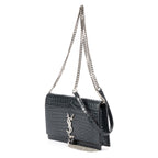 Shoulder Bag Kate Tassel Chain Wallet Dark Grey Croc Embossed Leather