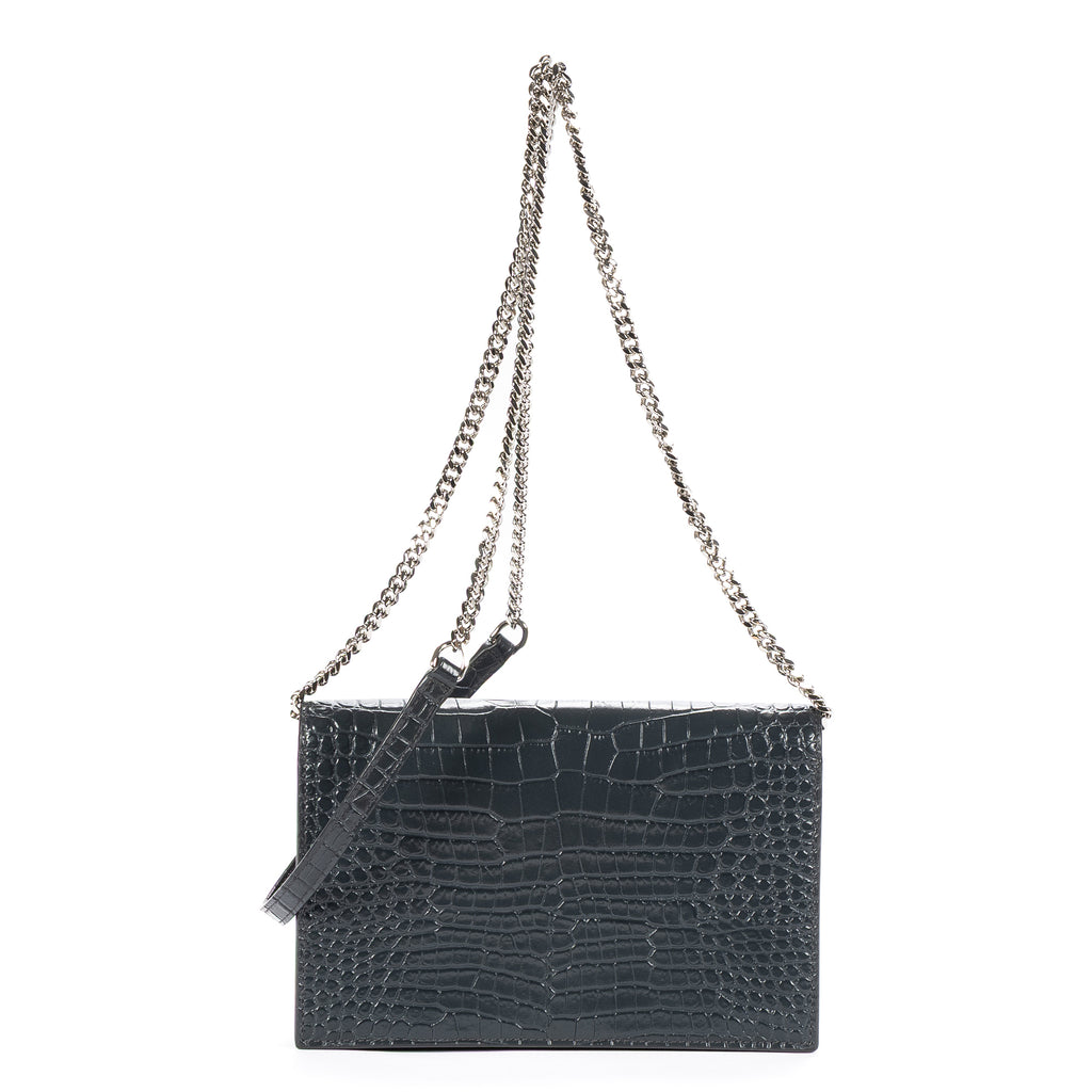 Shoulder Bag Kate Tassel Chain Wallet Dark Grey Croc Embossed Leather