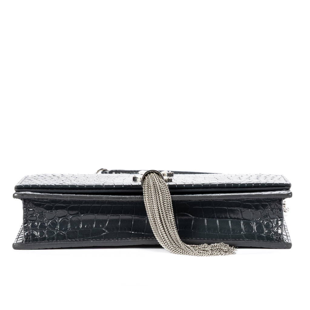 Shoulder Bag Kate Tassel Chain Wallet Dark Grey Croc Embossed Leather