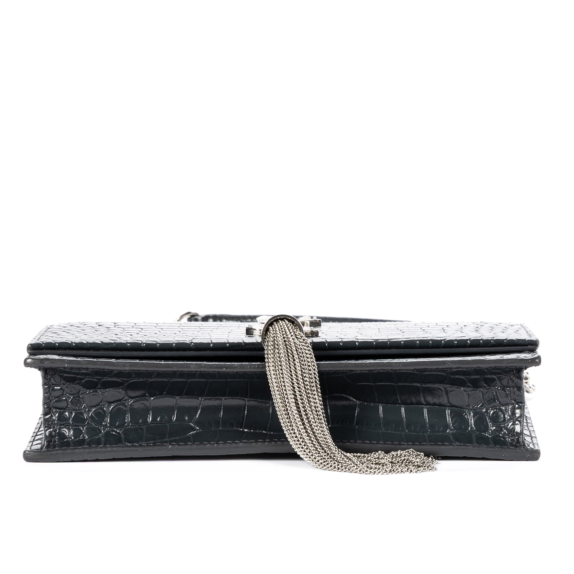 Shoulder Bag Kate Tassel Chain Wallet Dark Grey Croc Embossed Leather