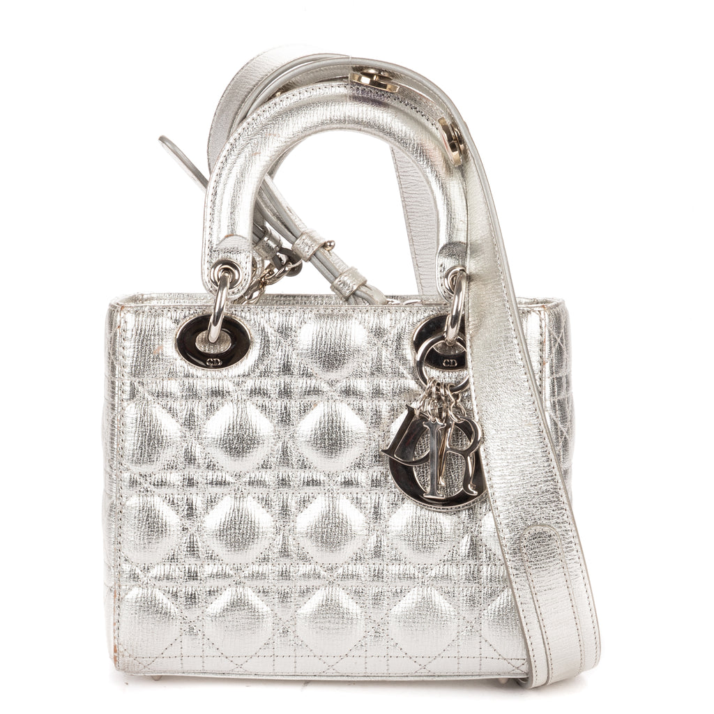 Shoulder Bag Small Lady Dior Flap Small Metallic Silver Cannage Calfskin Leather