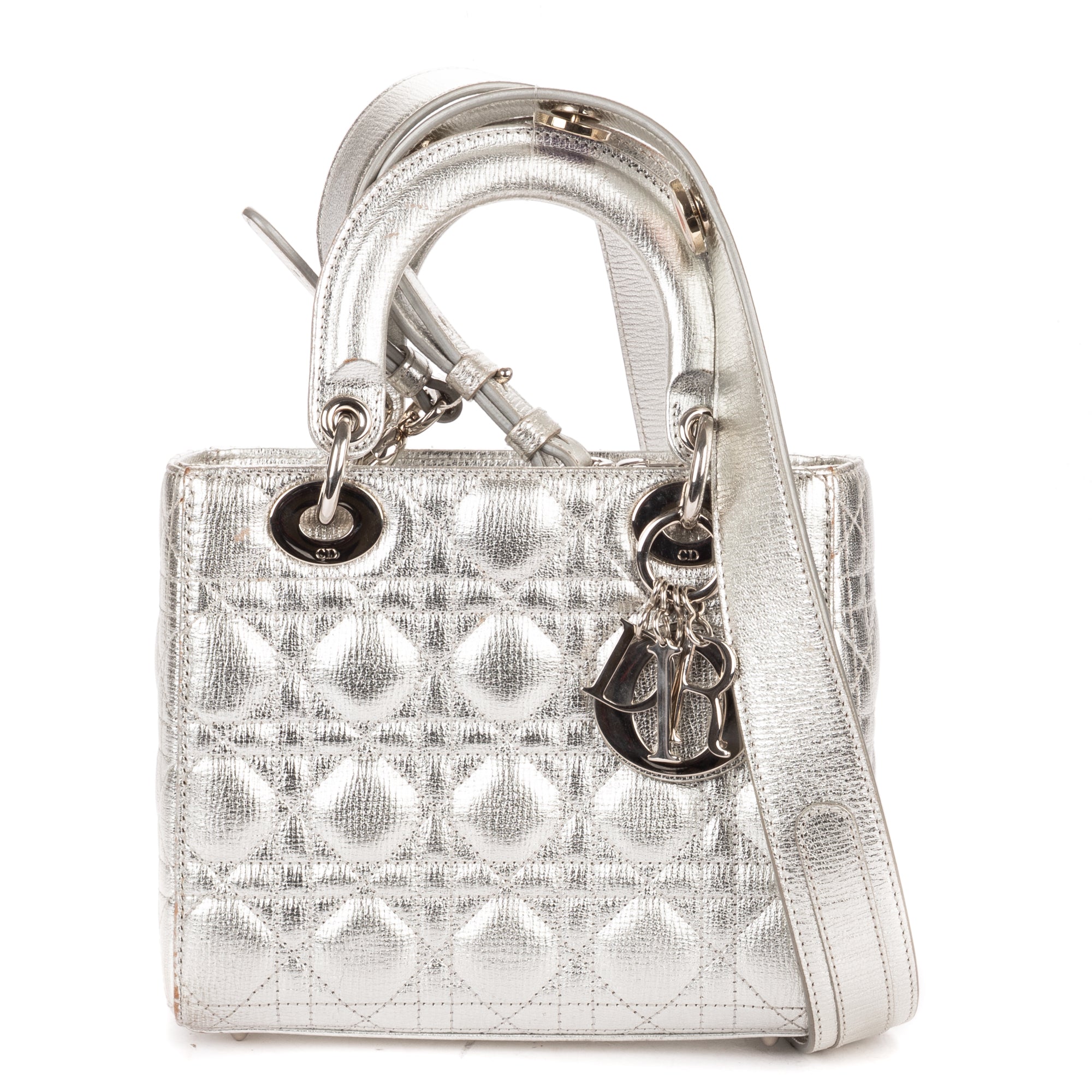 Shoulder Bag Small Lady Dior Flap Small Metallic Silver Cannage Calfskin Leather