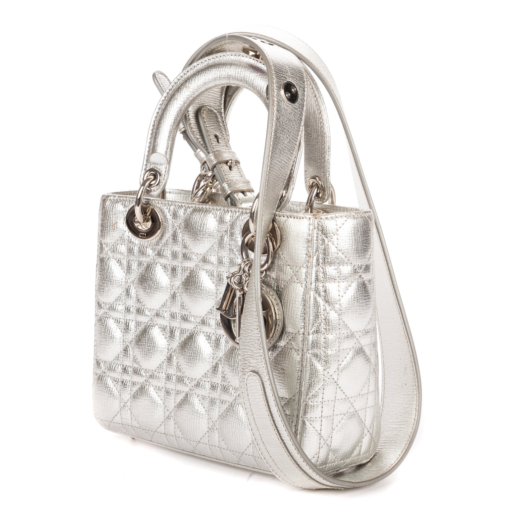 Shoulder Bag Small Lady Dior Flap Small Metallic Silver Cannage Calfskin Leather