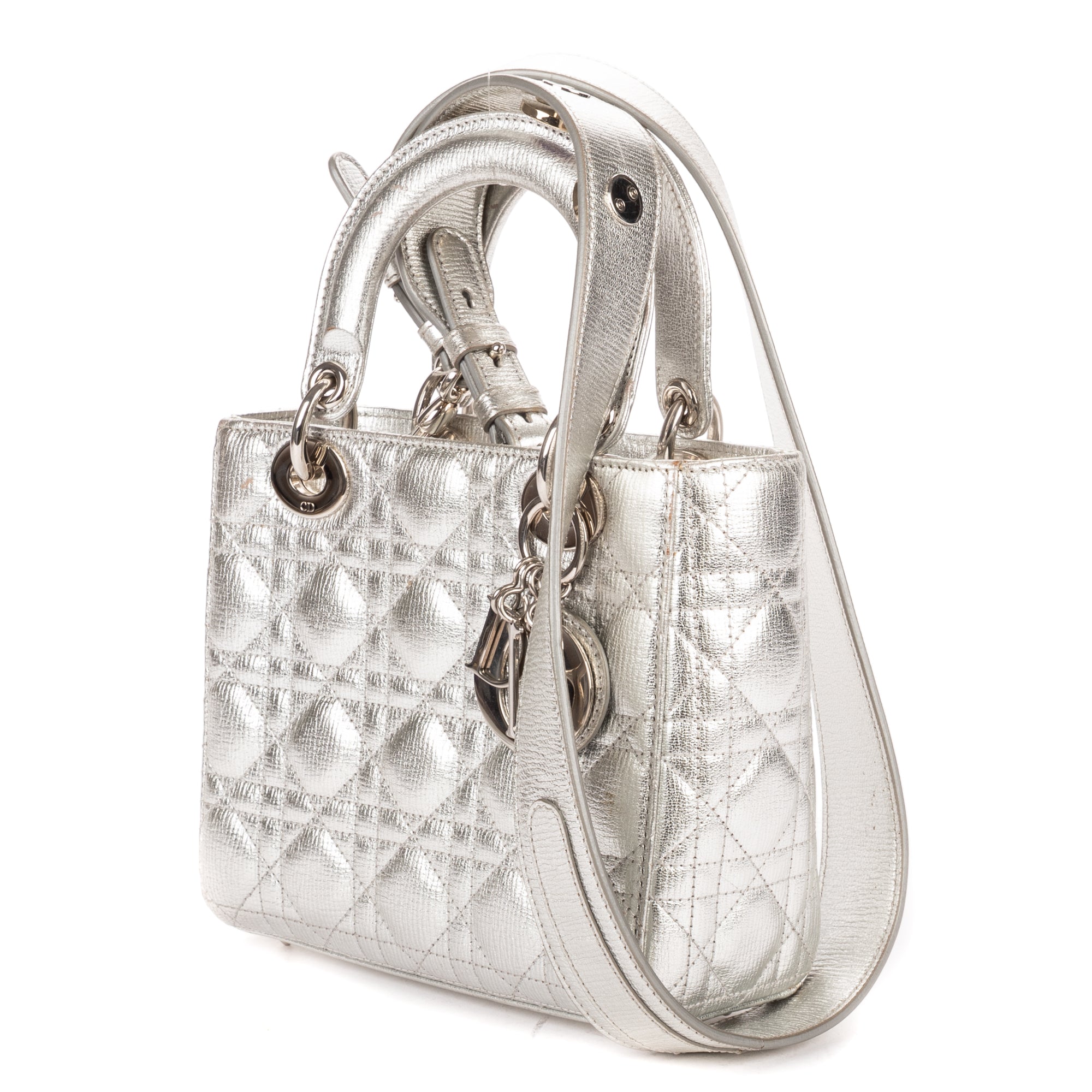 Shoulder Bag Small Lady Dior Flap Small Metallic Silver Cannage Calfskin Leather