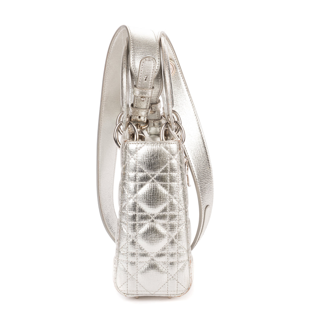 Shoulder Bag Small Lady Dior Flap Small Metallic Silver Cannage Calfskin Leather