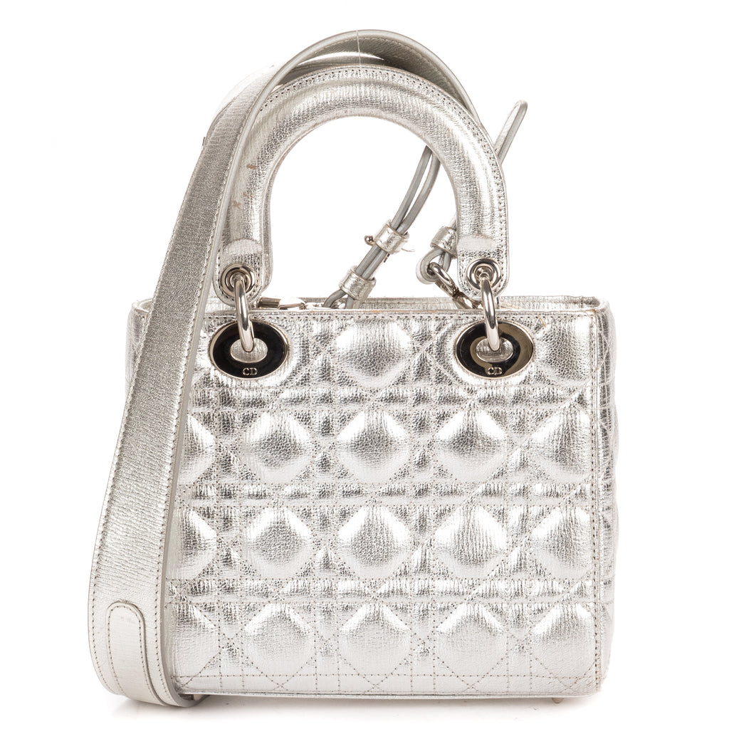 Shoulder Bag Small Lady Dior Flap Small Metallic Silver Cannage Calfskin Leather