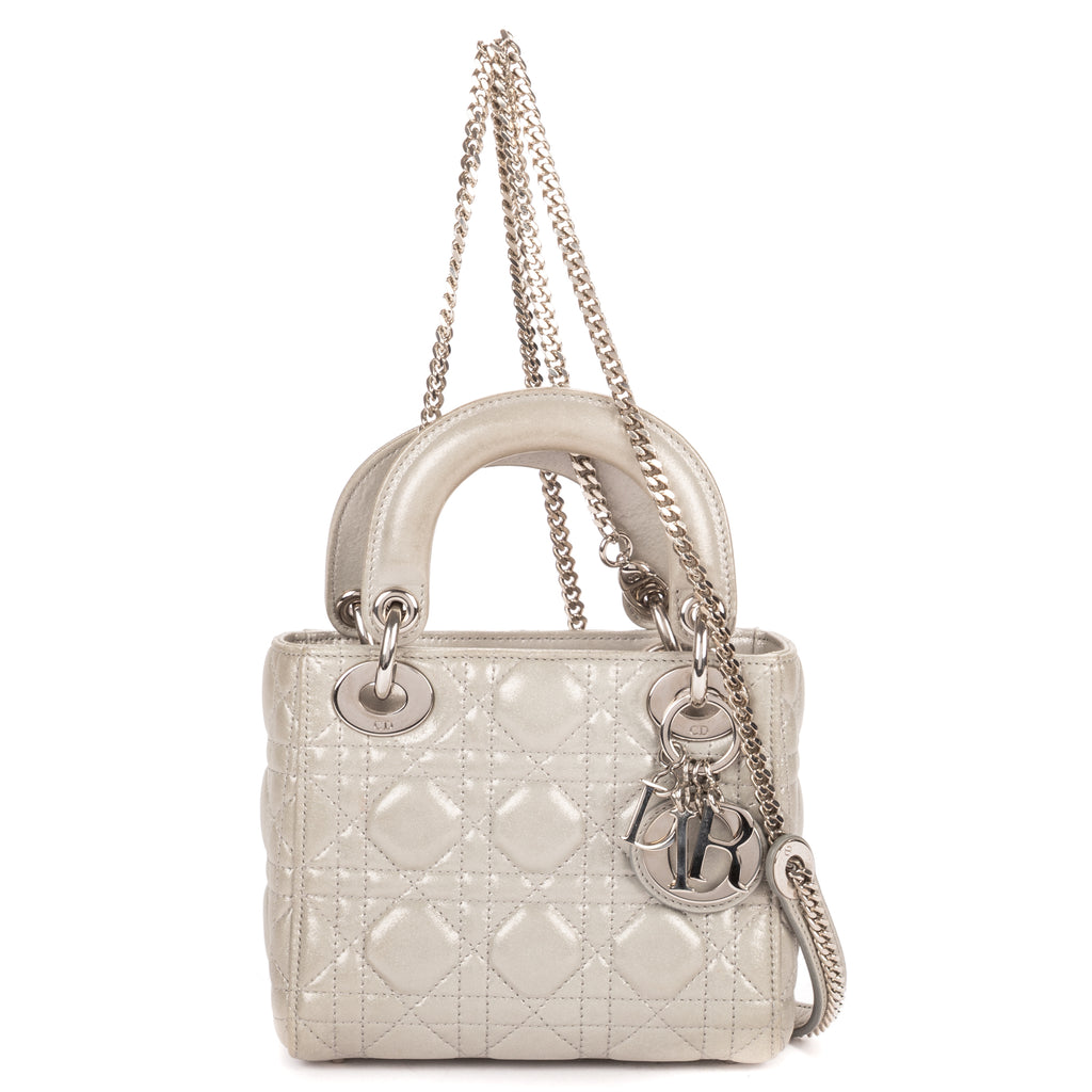 Shoulder Bag Mini Lady Dior Mini Grey Shiny Cannage Leather