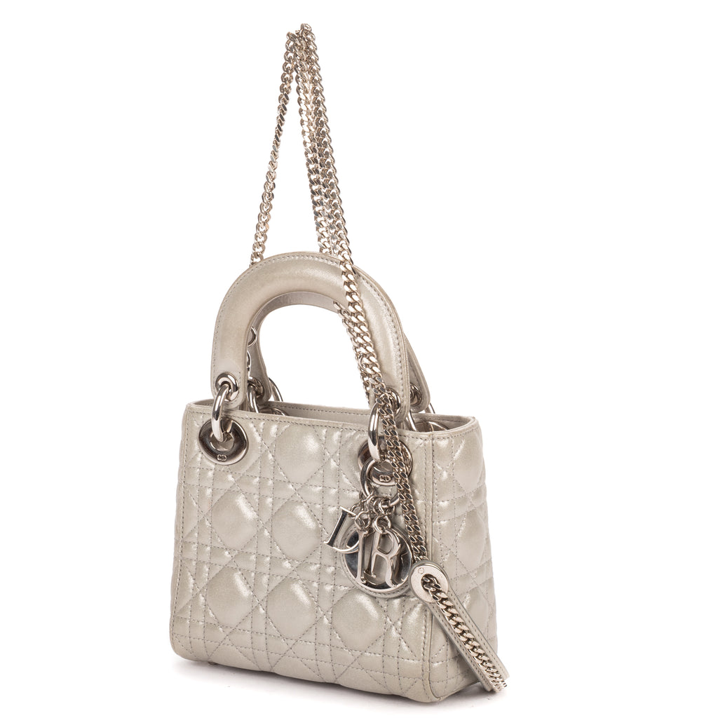 Shoulder Bag Mini Lady Dior Mini Grey Shiny Cannage Leather