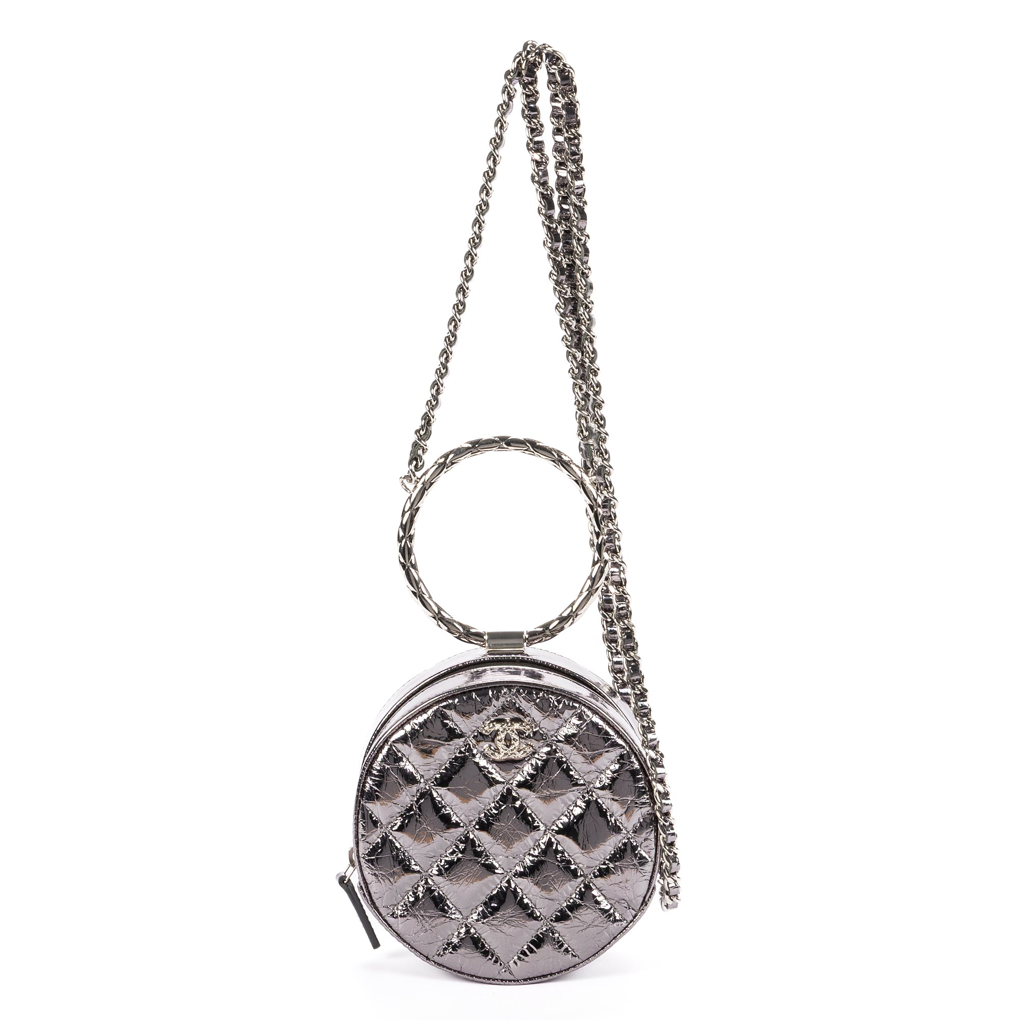 Shoulder Bag Round Bracelet Crossbody Metallic Grey Crinkled Metallic Quilted Calfskin Leather