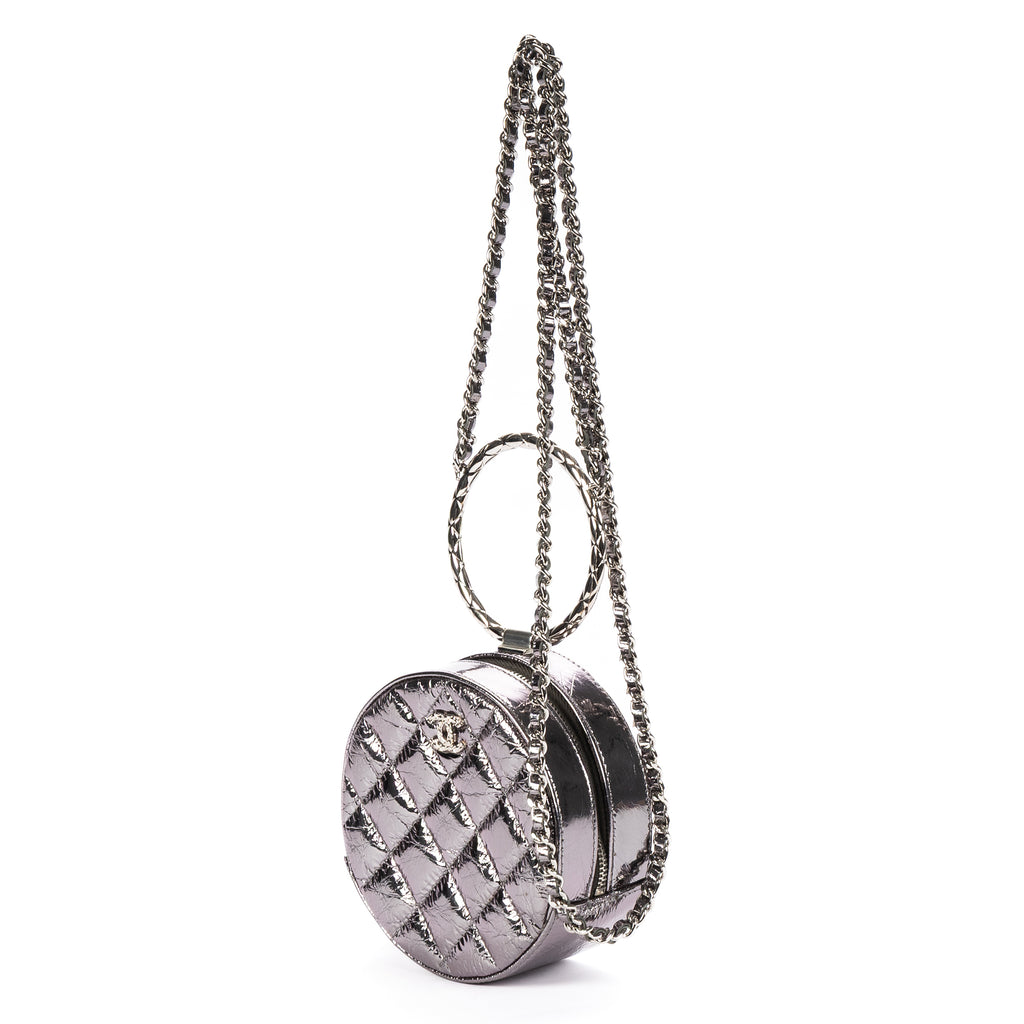 Shoulder Bag Round Bracelet Crossbody Metallic Grey Crinkled Metallic Quilted Calfskin Leather