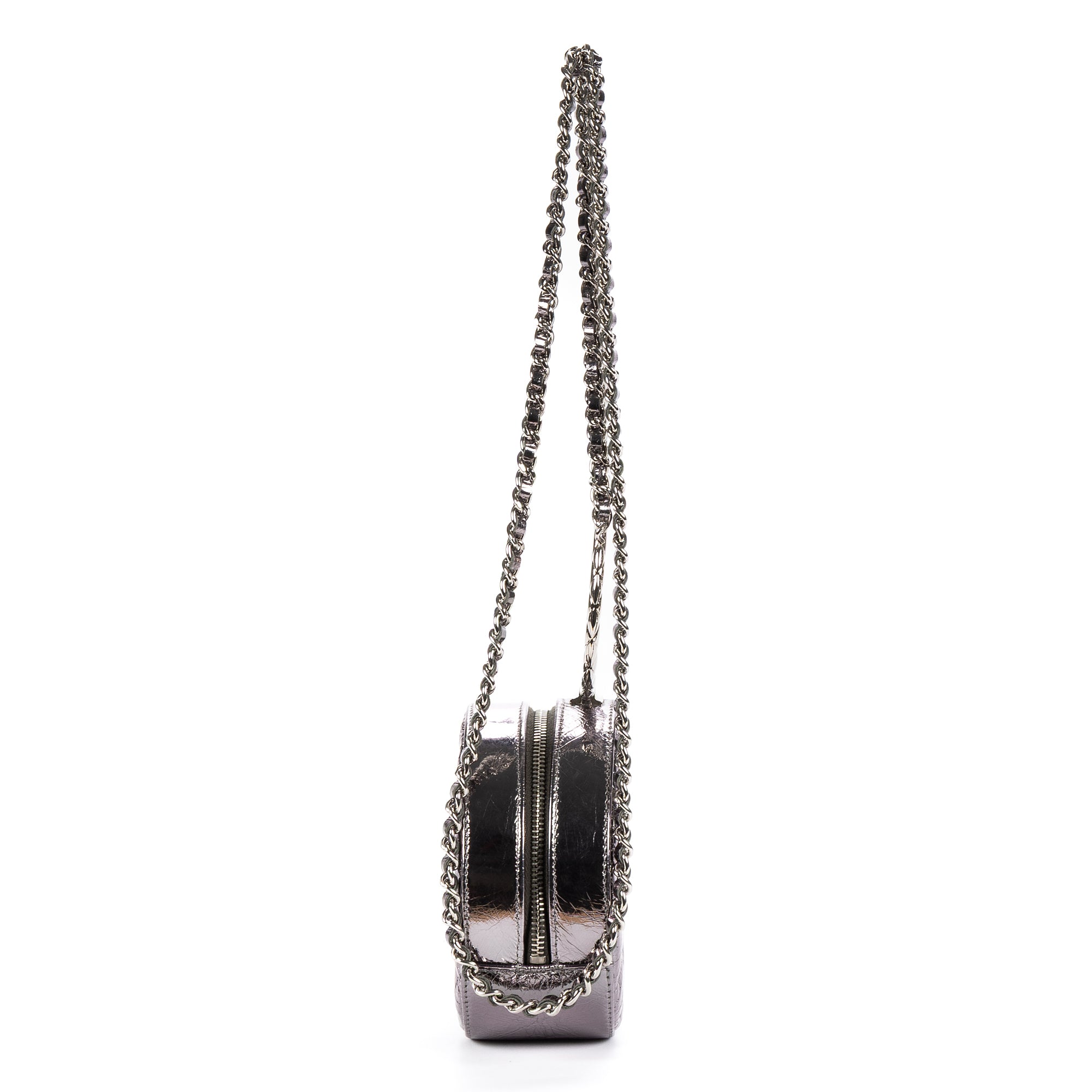 Shoulder Bag Round Bracelet Crossbody Metallic Grey Crinkled Metallic Quilted Calfskin Leather