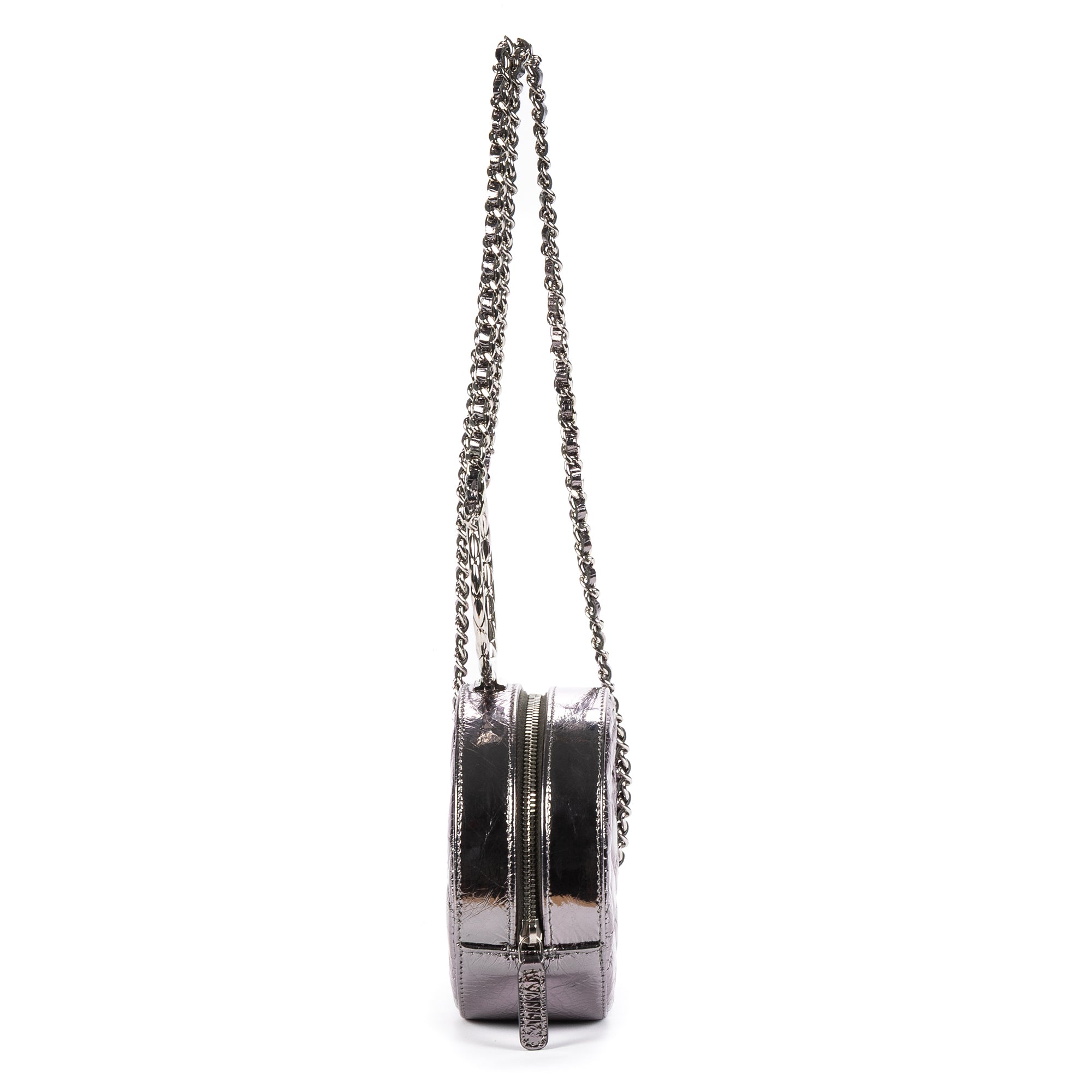 Shoulder Bag Round Bracelet Crossbody Metallic Grey Crinkled Metallic Quilted Calfskin Leather