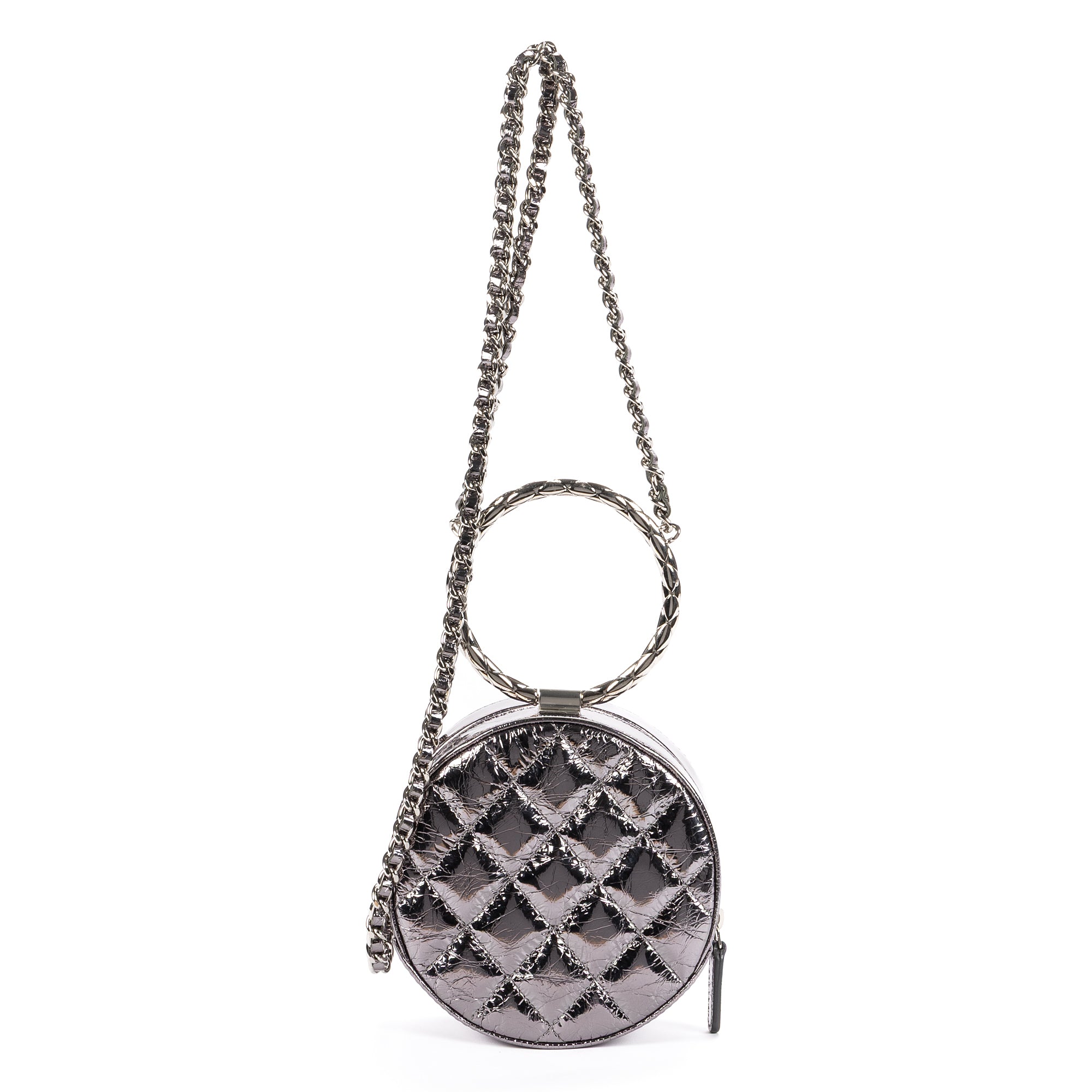Shoulder Bag Round Bracelet Crossbody Metallic Grey Crinkled Metallic Quilted Calfskin Leather