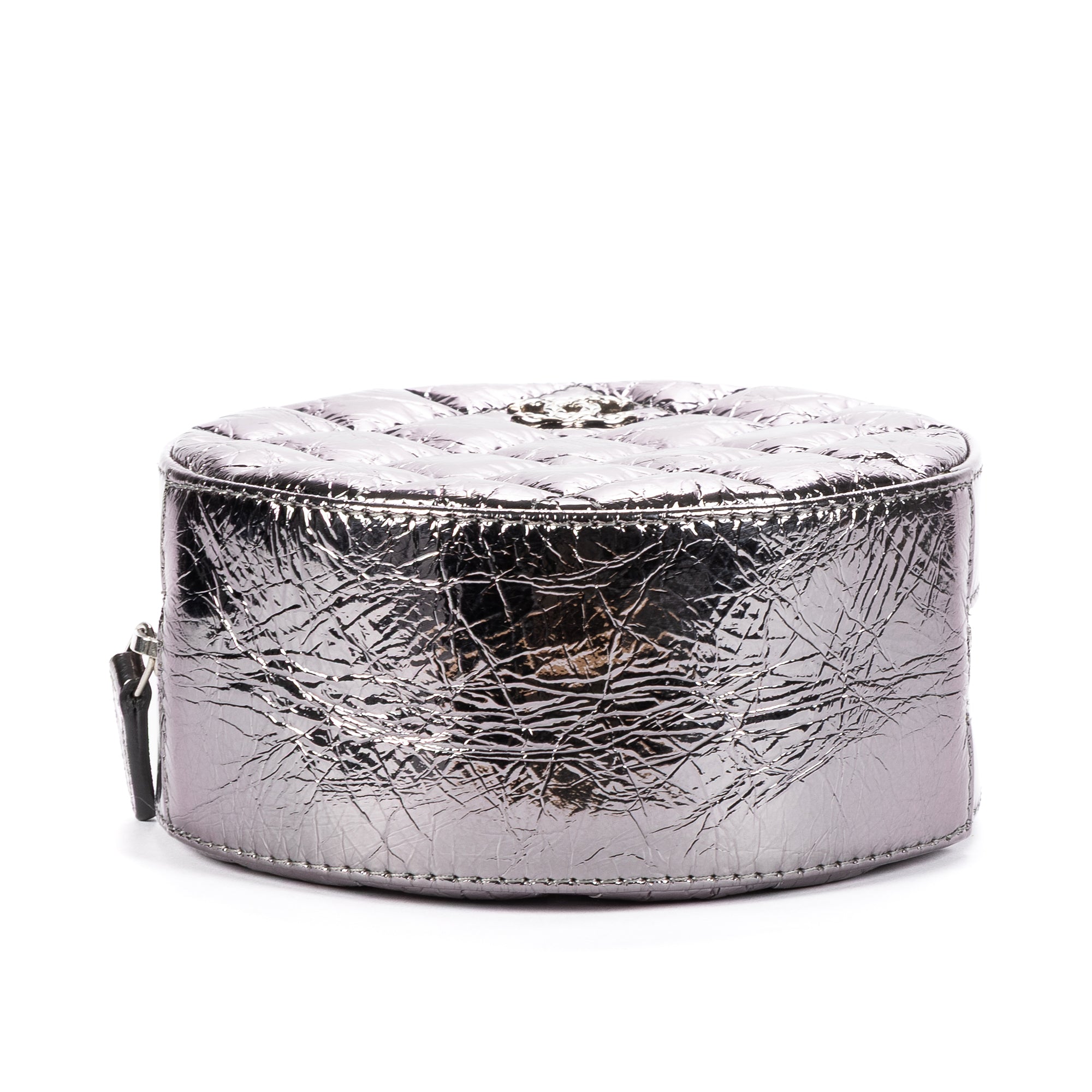 Shoulder Bag Round Bracelet Crossbody Metallic Grey Crinkled Metallic Quilted Calfskin Leather