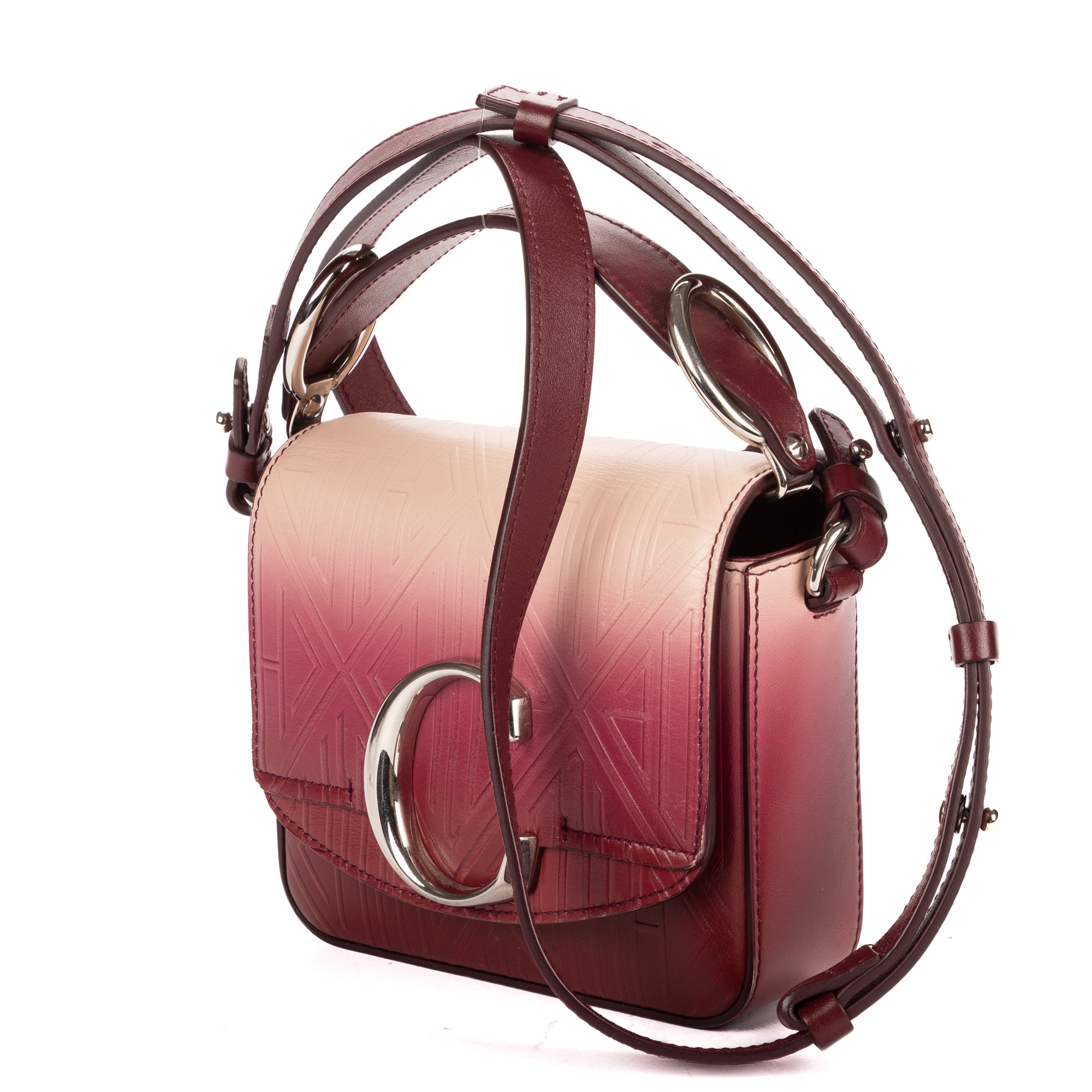 Shoulder Bag C Flap Crossbody Burgundy Embossed Calfskin Leather