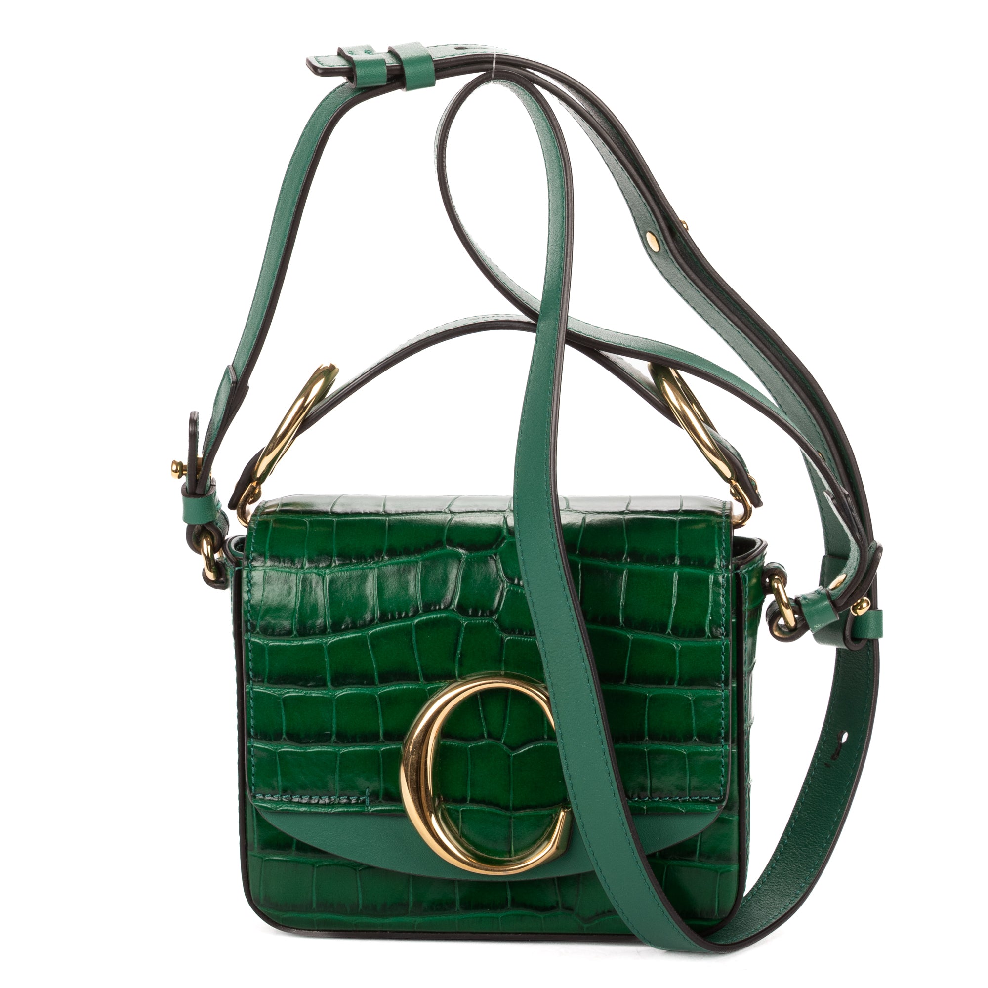 Shoulder Bag C Flap Crossbody Green Croc Embossed Calfskin Leather