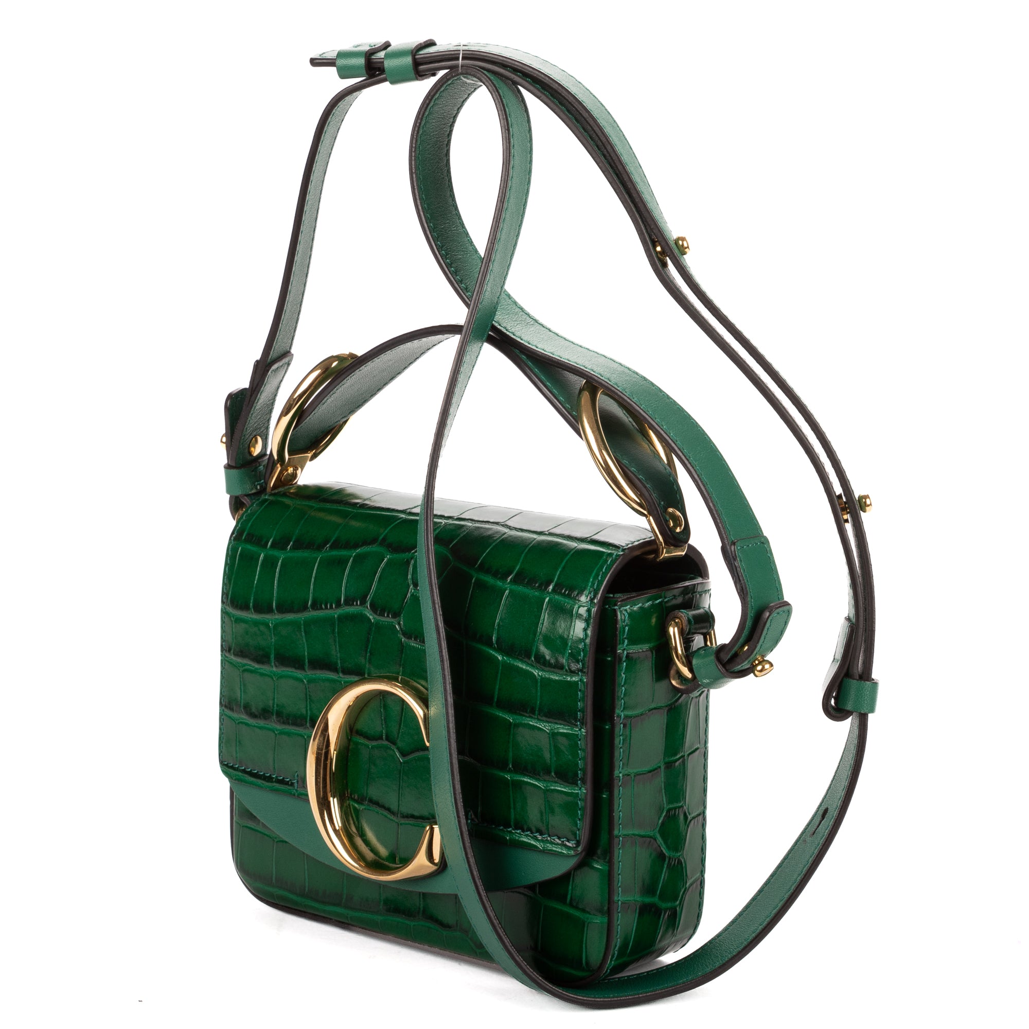 Shoulder Bag C Flap Crossbody Green Croc Embossed Calfskin Leather