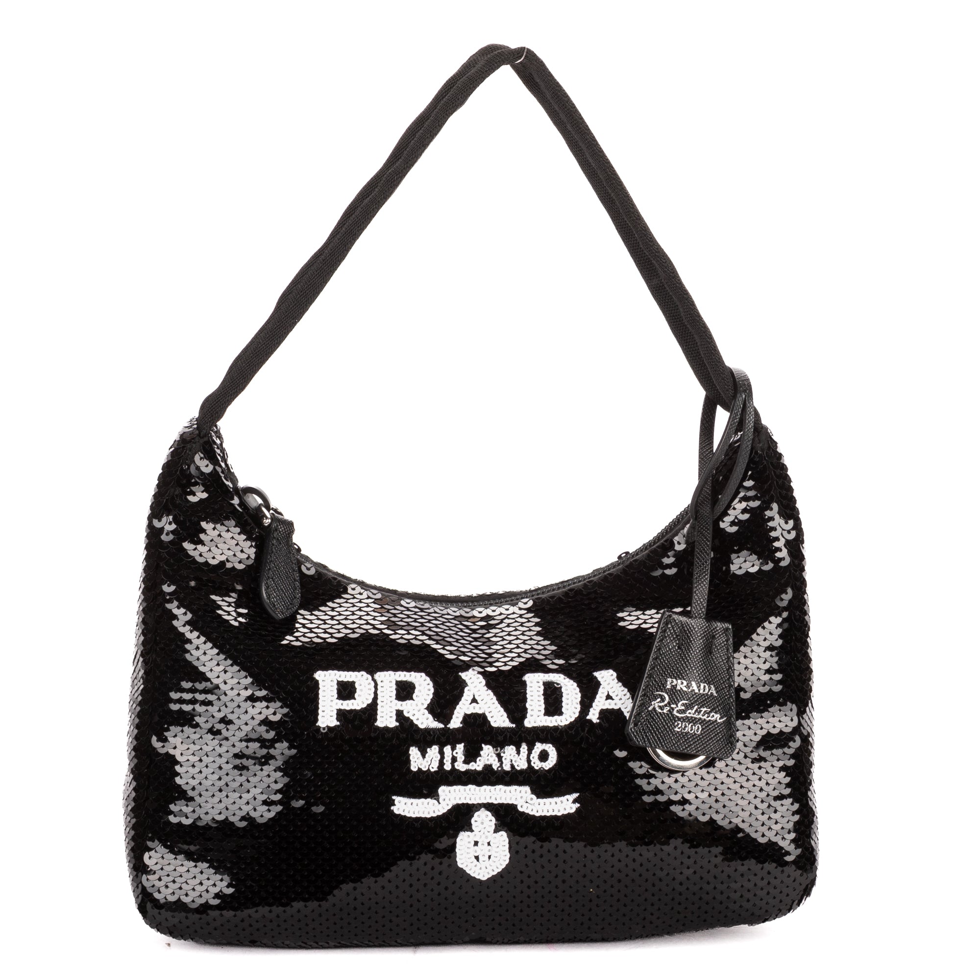 Handbag Re-Edition 2000 Sequinned Mini Bag Black Nylon embellished with sequins