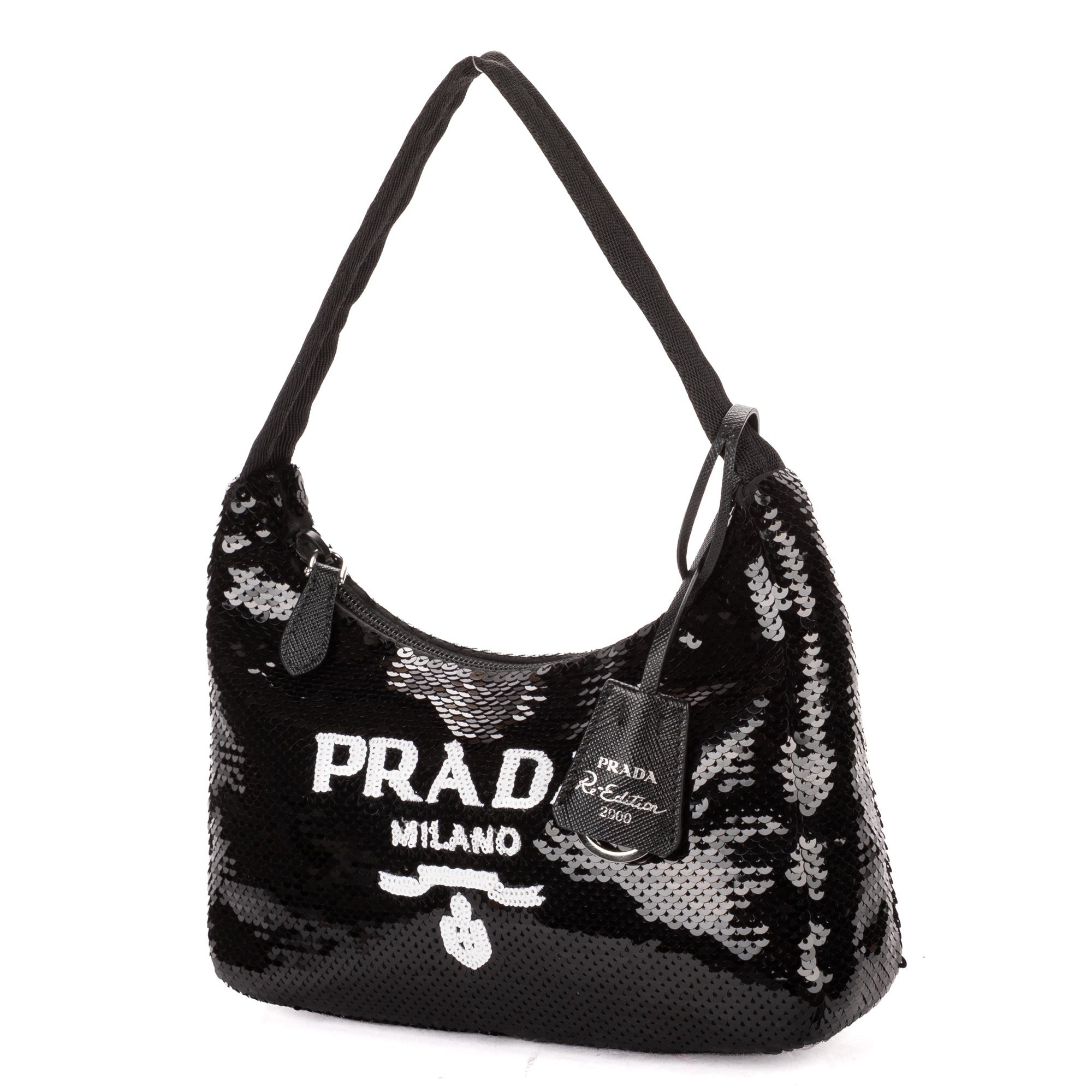 Handbag Re-Edition 2000 Sequinned Mini Bag Black Nylon embellished with sequins