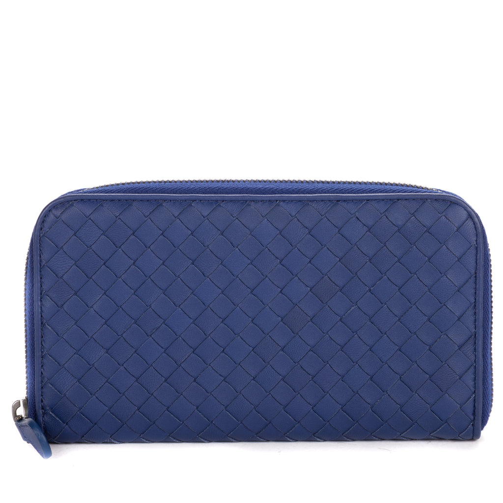 Wallet Zip Around Wallet Navy Intrecciato Calfskin Leather