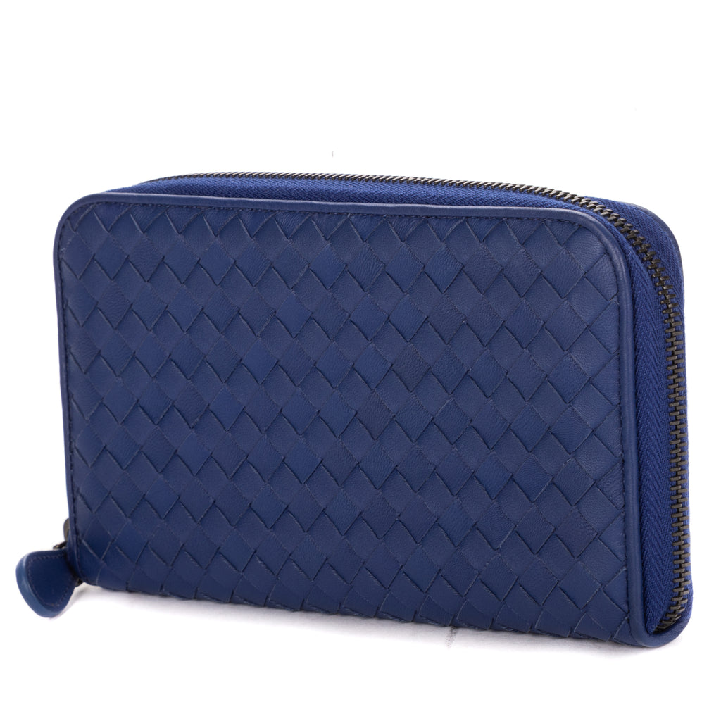 Wallet Zip Around Wallet Navy Intrecciato Calfskin Leather