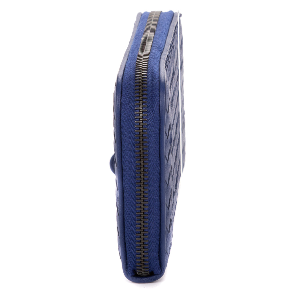 Wallet Zip Around Wallet Navy Intrecciato Calfskin Leather
