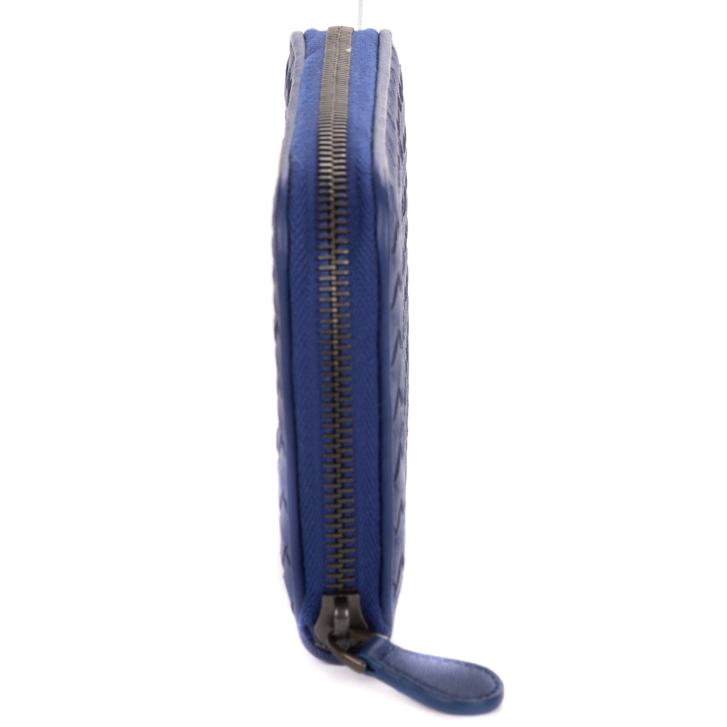 Wallet Zip Around Wallet Navy Intrecciato Calfskin Leather