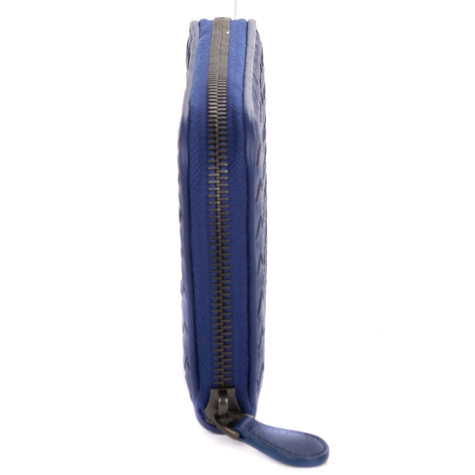 Wallet Zip Around Wallet Navy Intrecciato Calfskin Leather