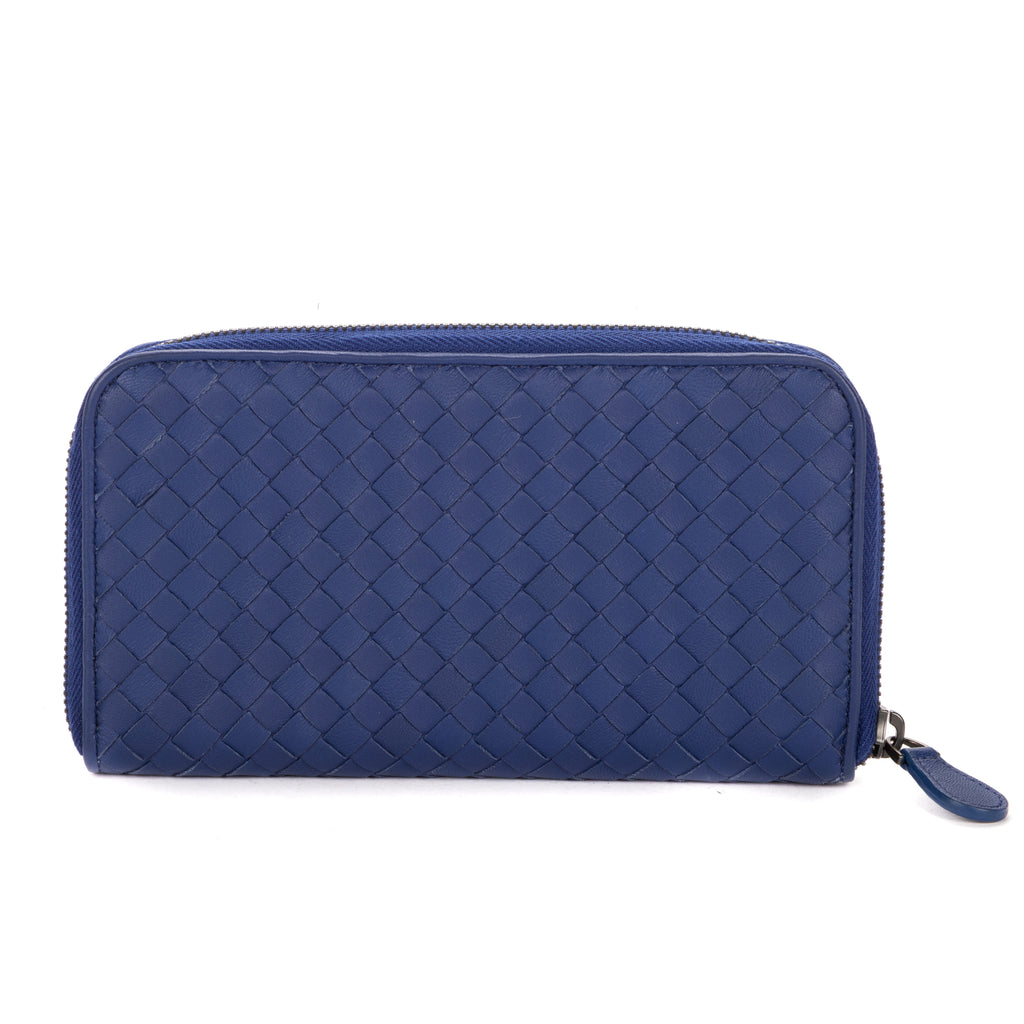 Wallet Zip Around Wallet Navy Intrecciato Calfskin Leather