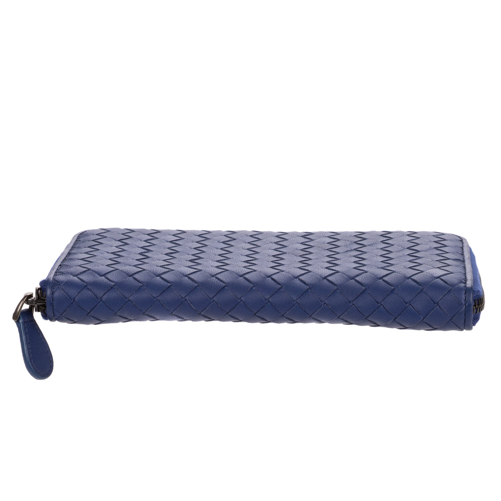 Wallet Zip Around Wallet Navy Intrecciato Calfskin Leather