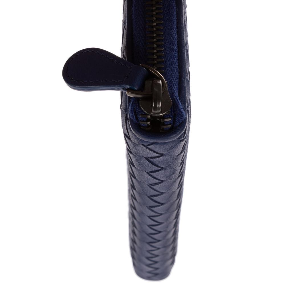 Wallet Zip Around Wallet Navy Intrecciato Calfskin Leather