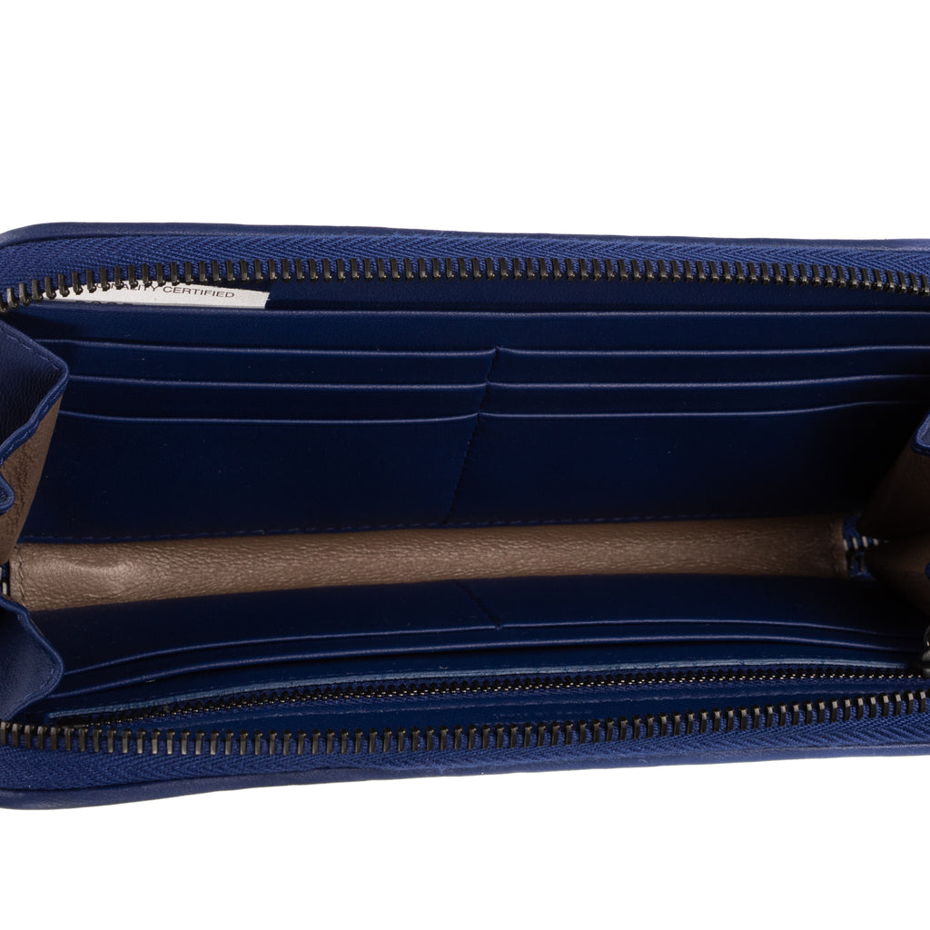 Wallet Zip Around Wallet Navy Intrecciato Calfskin Leather