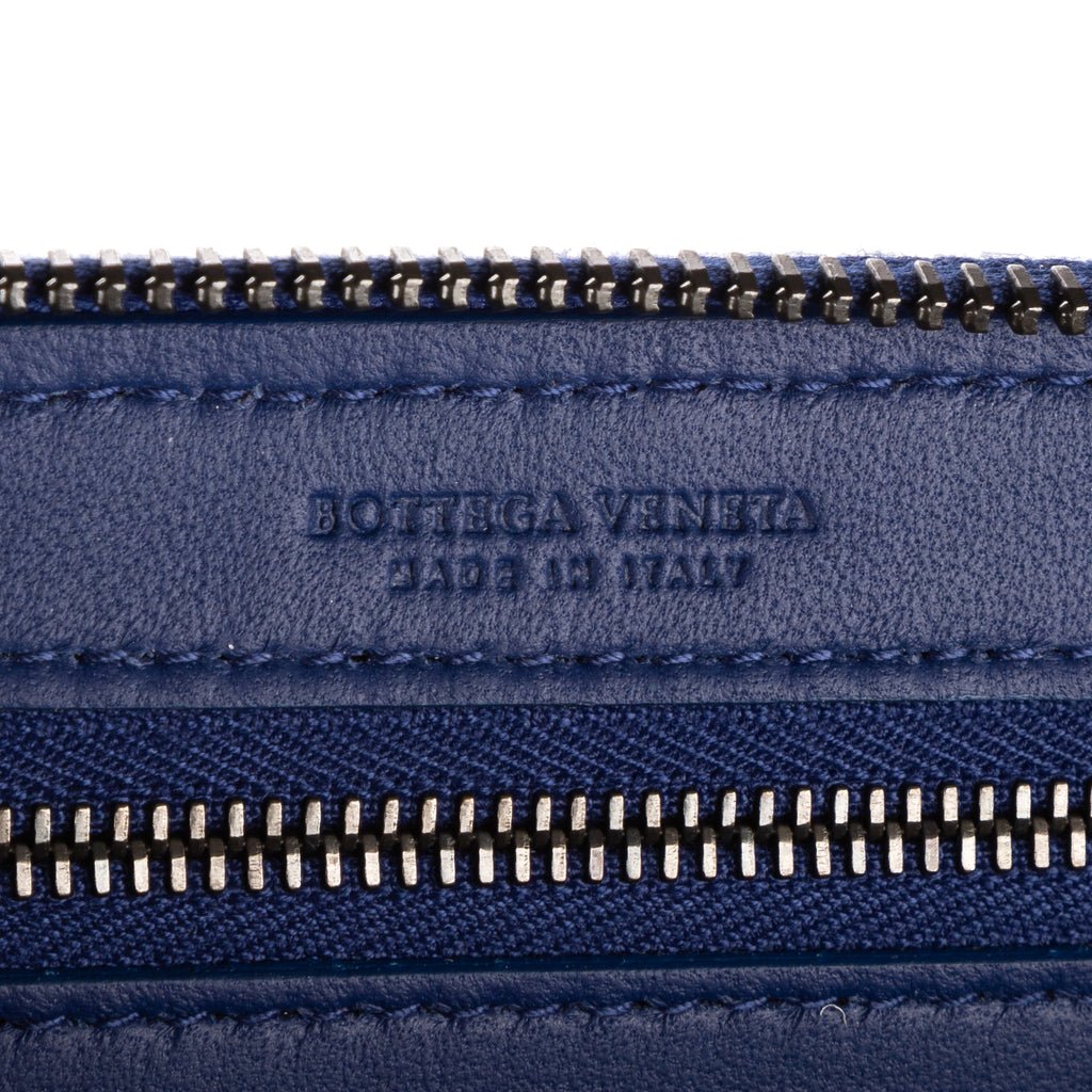 Wallet Zip Around Wallet Navy Intrecciato Calfskin Leather